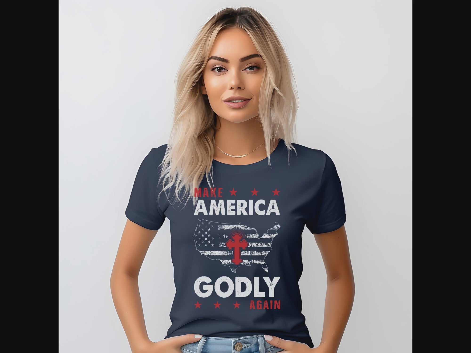 Make America Godly Again Women's Short Sleeve Patriotic T-shirt Size: XS Color: Solid Black Blend Jesus Passion Apparel