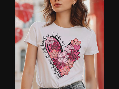 He Loved First Flower Heart Unisex Jersey Short Sleeve Tee - White Size: XS Color: White Jesus Passion Apparel