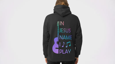 In Jesus Name I Play Acoustic Guitar Men's Heavy Blend™ Hoodie Color: White Size: S Jesus Passion Apparel