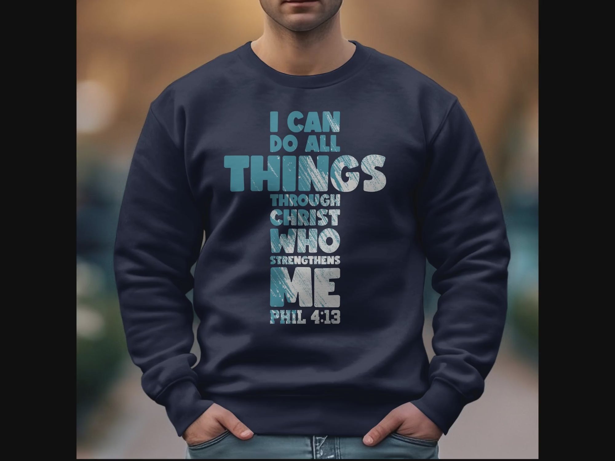 Christ Who Strengthens Me Men's Fleece Unisex-Fit Sweatshirt - Navy Size: S Color: Navy Jesus Passion Apparel