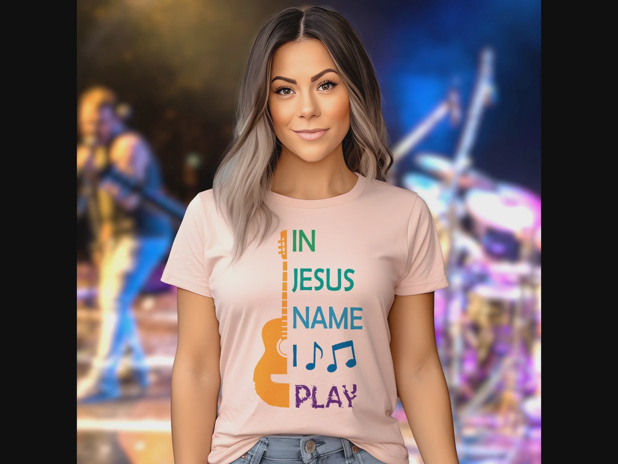 I Play Guitar Colorful Detail Women's Jersey Short Sleeve T-Shirt Size: XS Color: Athletic Heather Jesus Passion Apparel