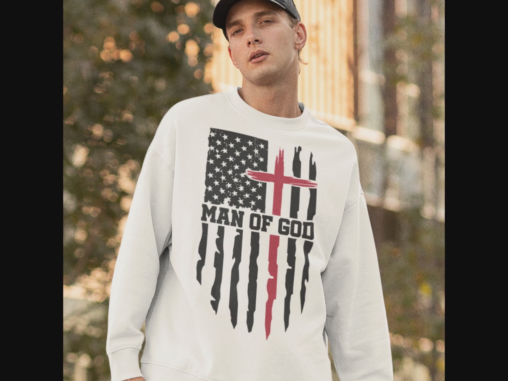 Man of God American Flag Cross Men's Unisex-Fit Fleece Sweatshirt - White Size: S Color: White Jesus Passion Apparel