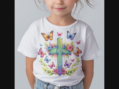 Faith Cross and Butterflies Toddler Short Sleeve Tee Size: 5/6T Color: Pink Jesus Passion Apparel