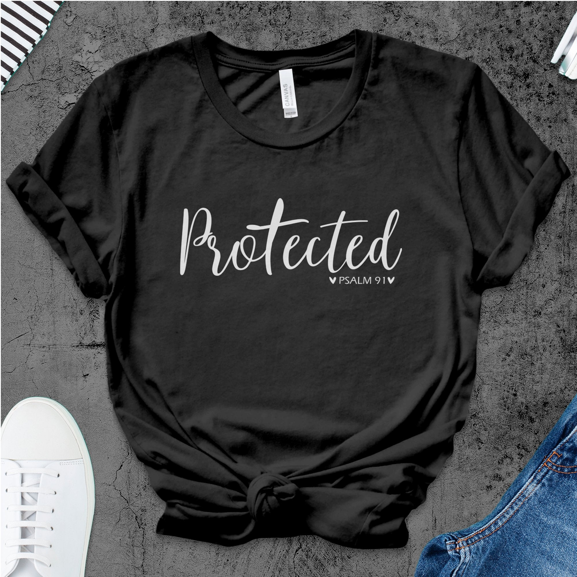 Protected Women's Jersey Short Sleeve Tee - Black / White - Jesus Passion Apparel