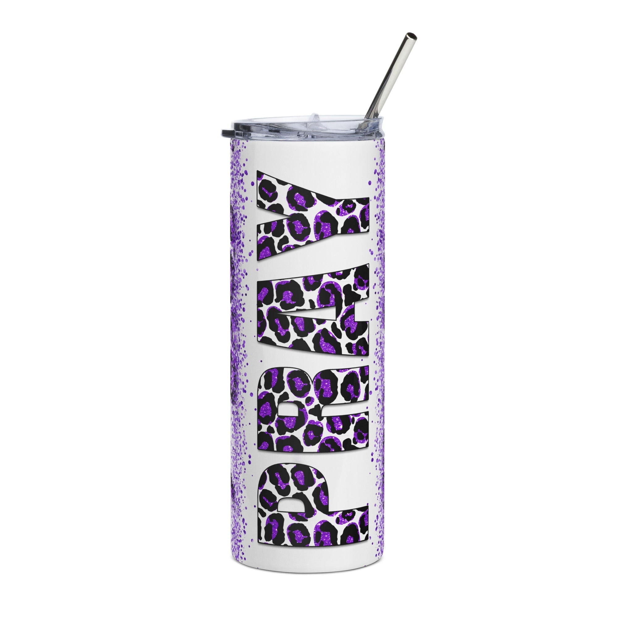 Purple Pray Leopard Print Tumbler 20 oz - Stainless Steel Straw - Jesus Passion Apparel