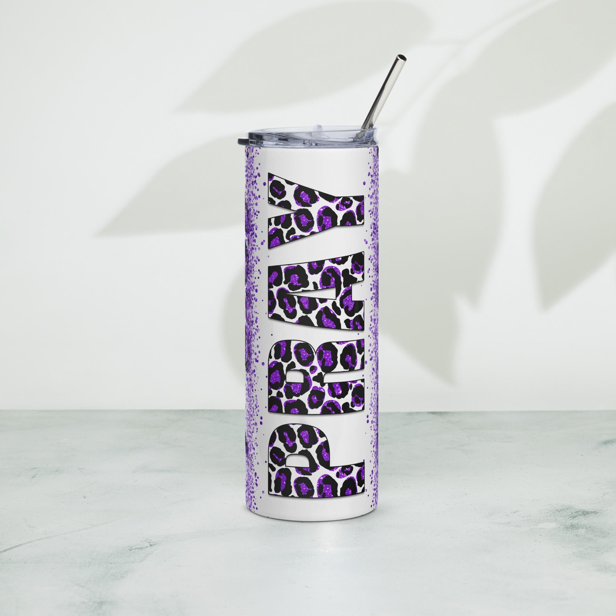 Purple Pray Leopard Print Tumbler 20 oz - Stainless Steel Straw - Jesus Passion Apparel