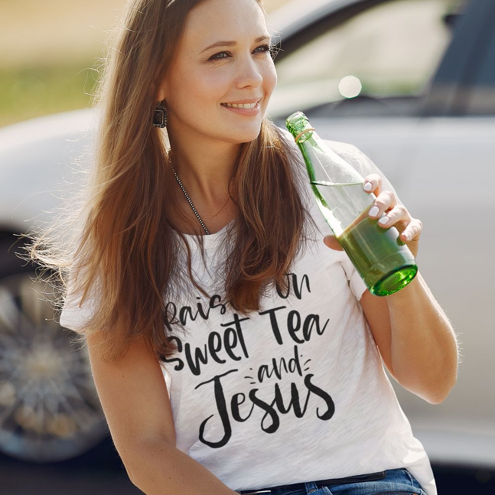 Raised on Sweet Tea and Jesus Women's Relaxed - Fit Scoop Neck T-Shirt - Jesus Passion Apparel