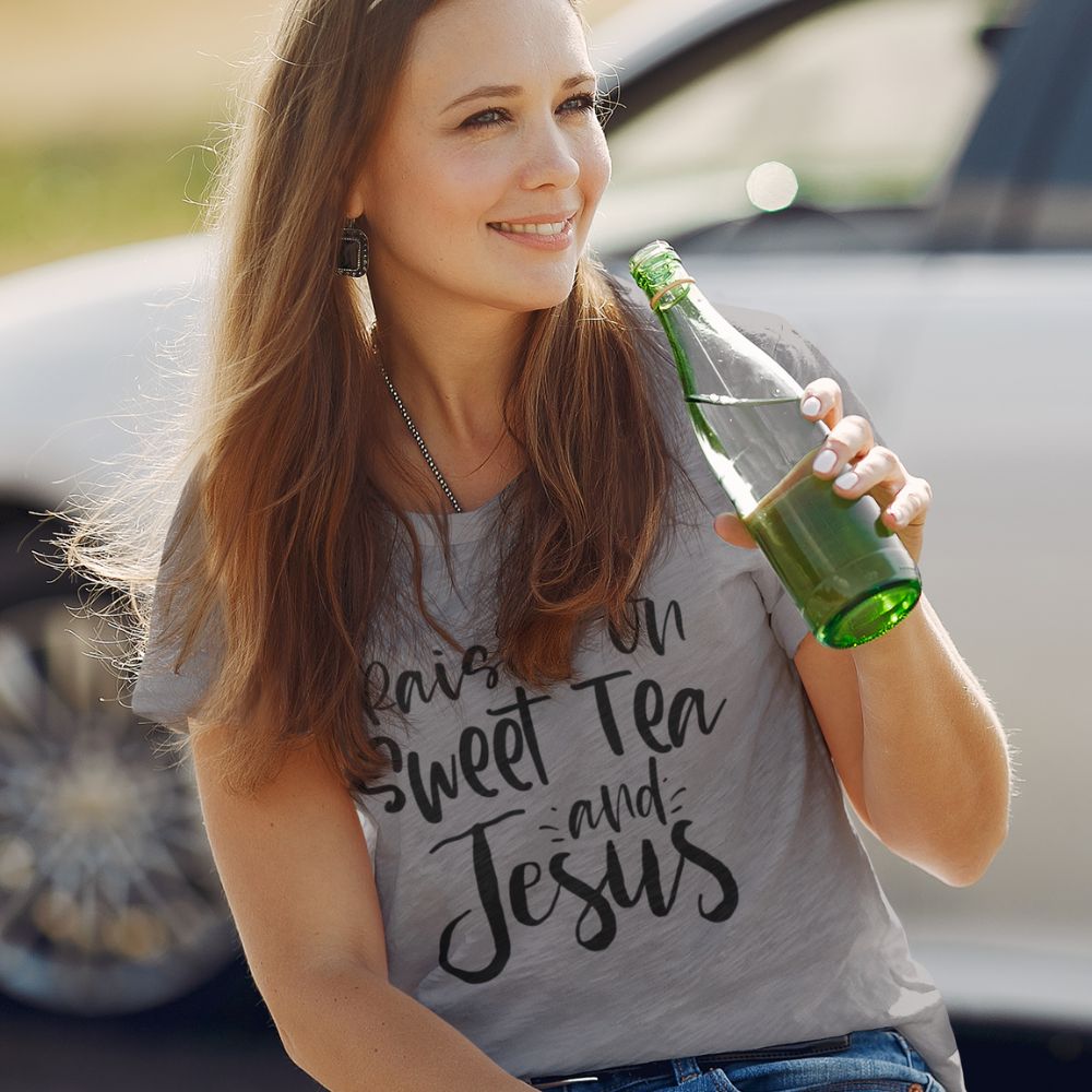 Raised on Sweet Tea and Jesus Women's Relaxed - Fit Scoop Neck T-Shirt - Jesus Passion Apparel