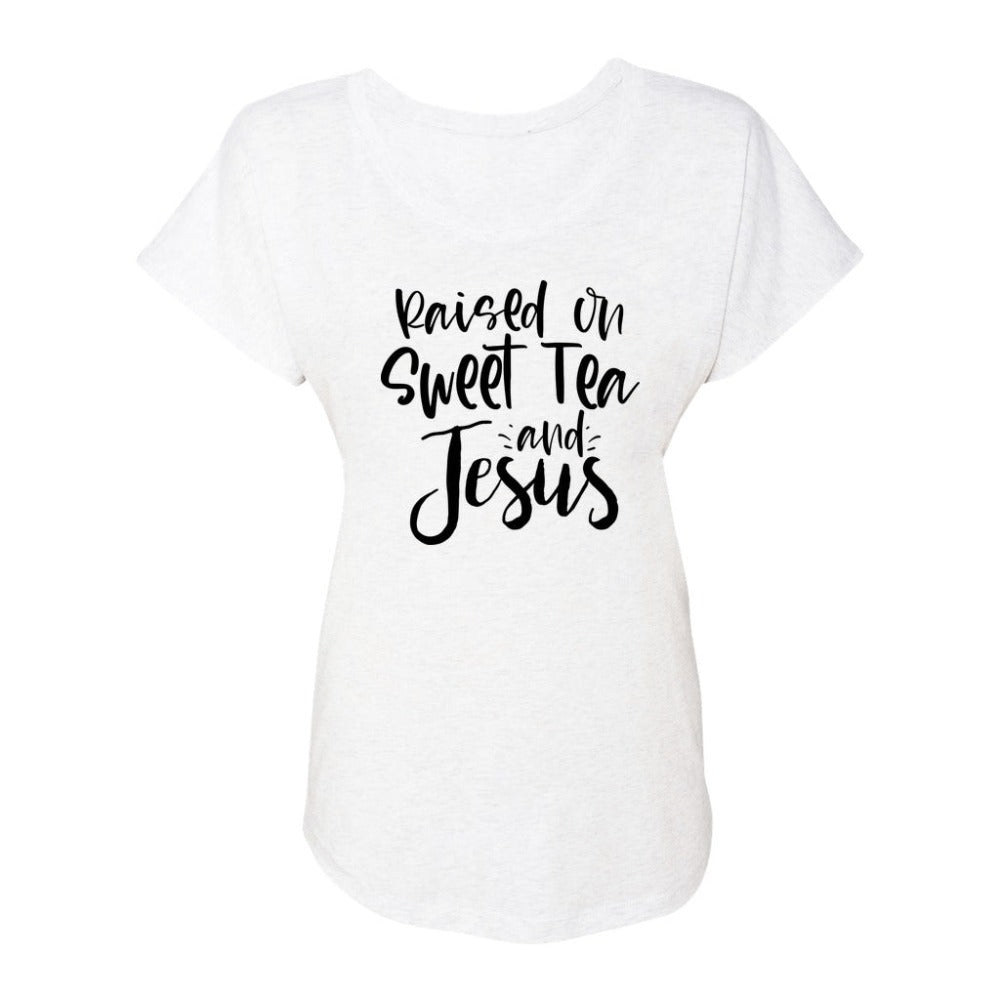 Raised on Sweet Tea and Jesus Women's Relaxed - Fit Scoop Neck T-Shirt - Jesus Passion Apparel