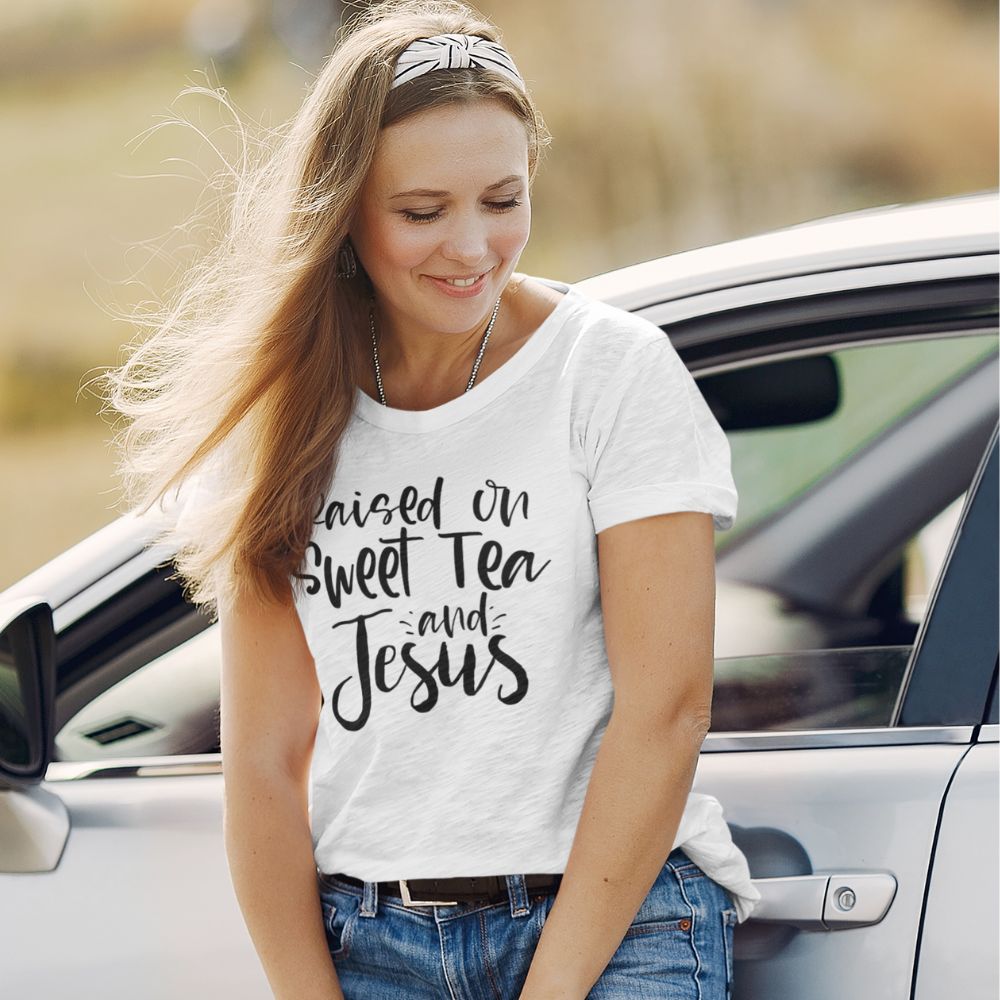 Raised on Sweet Tea and Jesus Women's Relaxed - Fit Scoop Neck T-Shirt - Jesus Passion Apparel