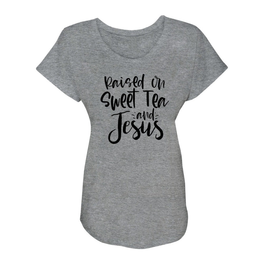 Raised on Sweet Tea and Jesus Women's Relaxed - Fit Scoop Neck T-Shirt - Jesus Passion Apparel