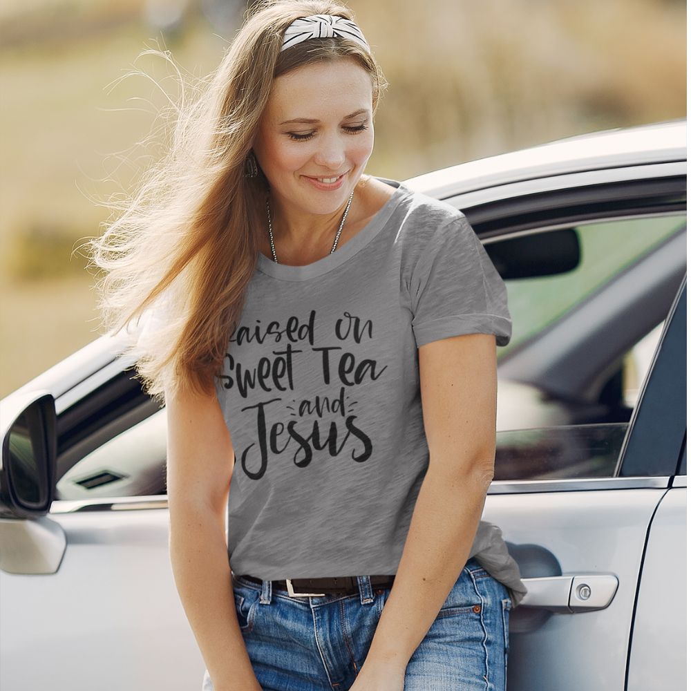 Raised on Sweet Tea and Jesus Women's Relaxed - Fit Scoop Neck T-Shirt - Jesus Passion Apparel