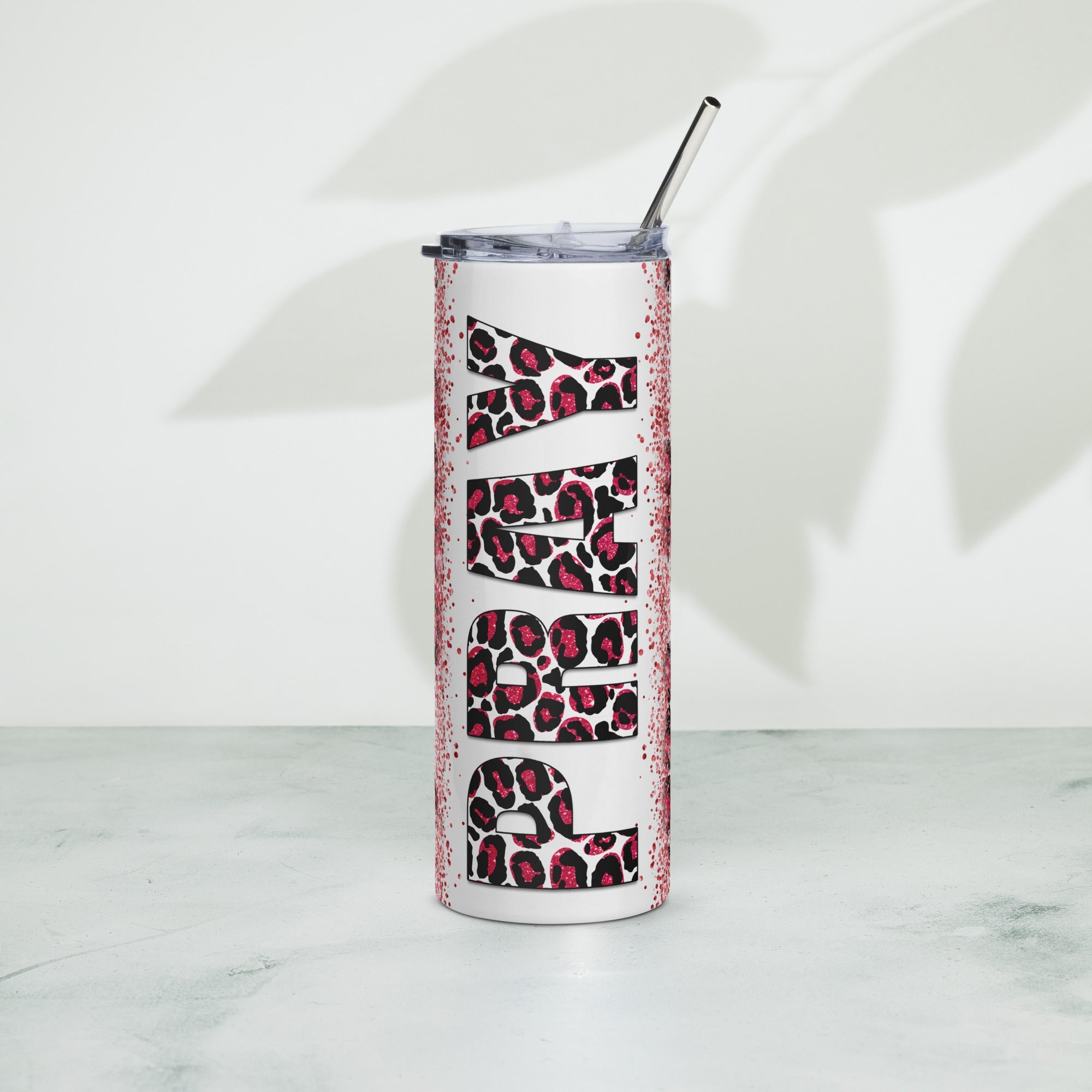 Red Pray Leopard Print Tumbler 20 oz - Stainless Steel Straw - Jesus Passion Apparel