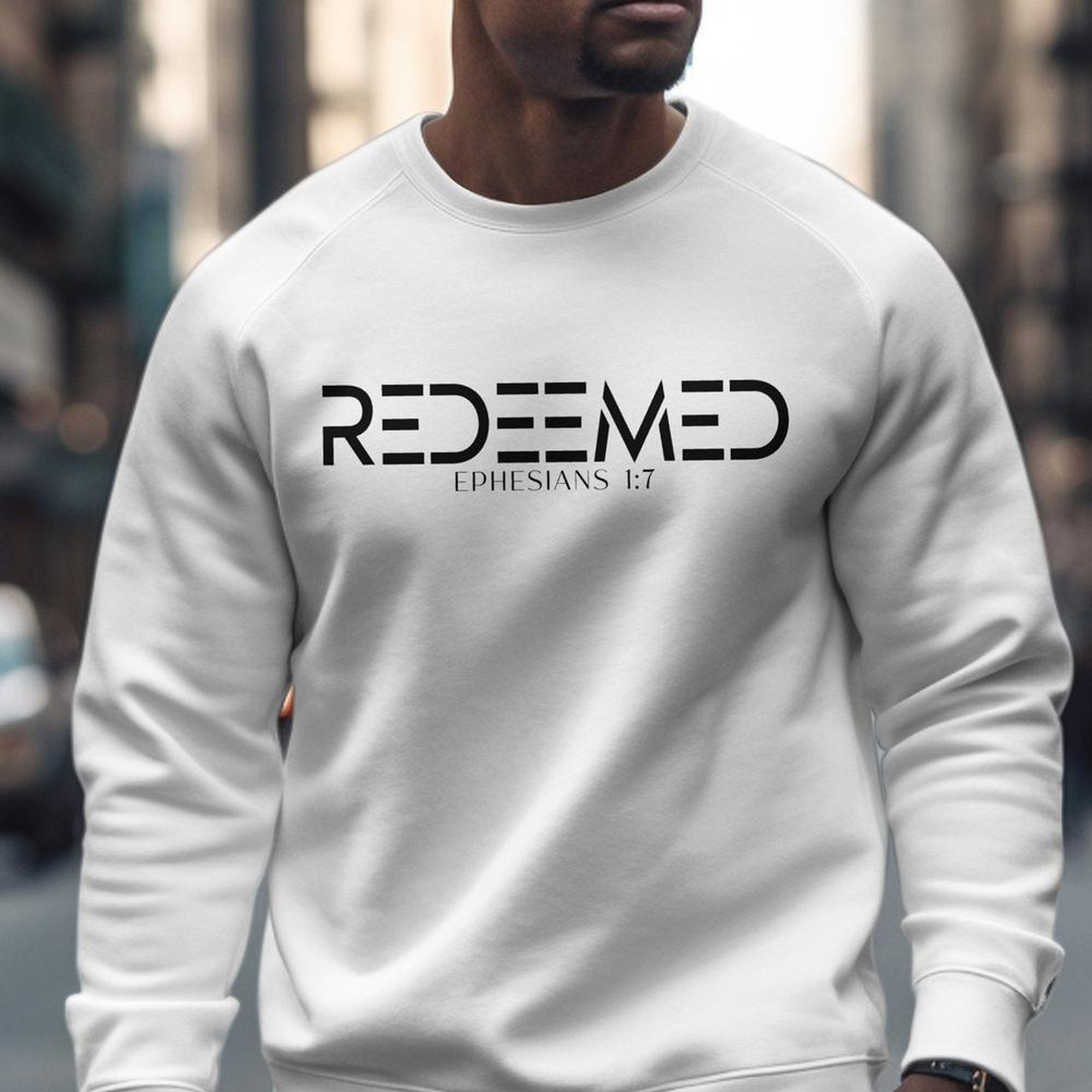 Redeemed Ephesians 1:7 Men's Fleece Unisex - Fit Sweatshirt - White - Jesus Passion Apparel