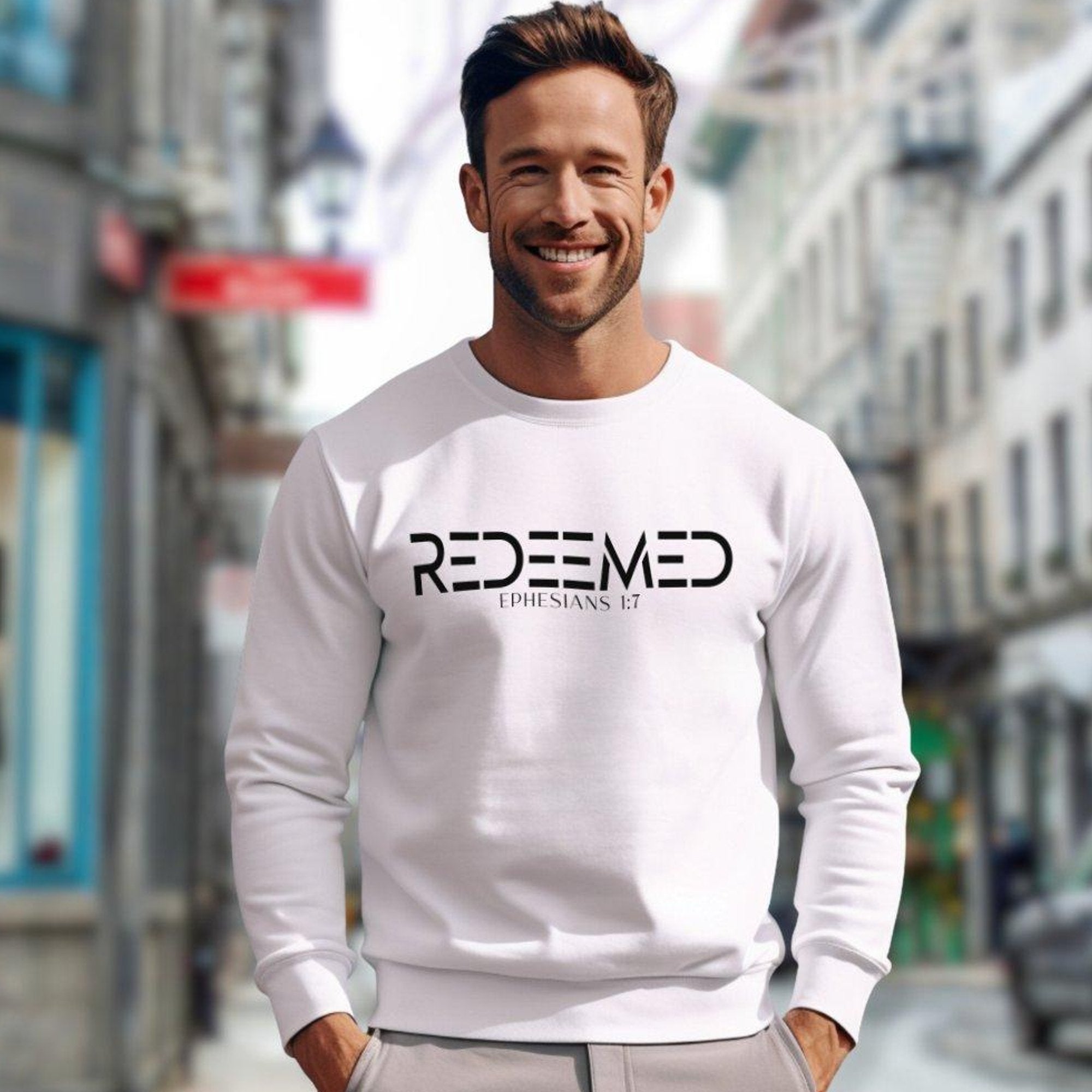 Redeemed Ephesians 1:7 Men's Fleece Unisex - Fit Sweatshirt - White - Jesus Passion Apparel