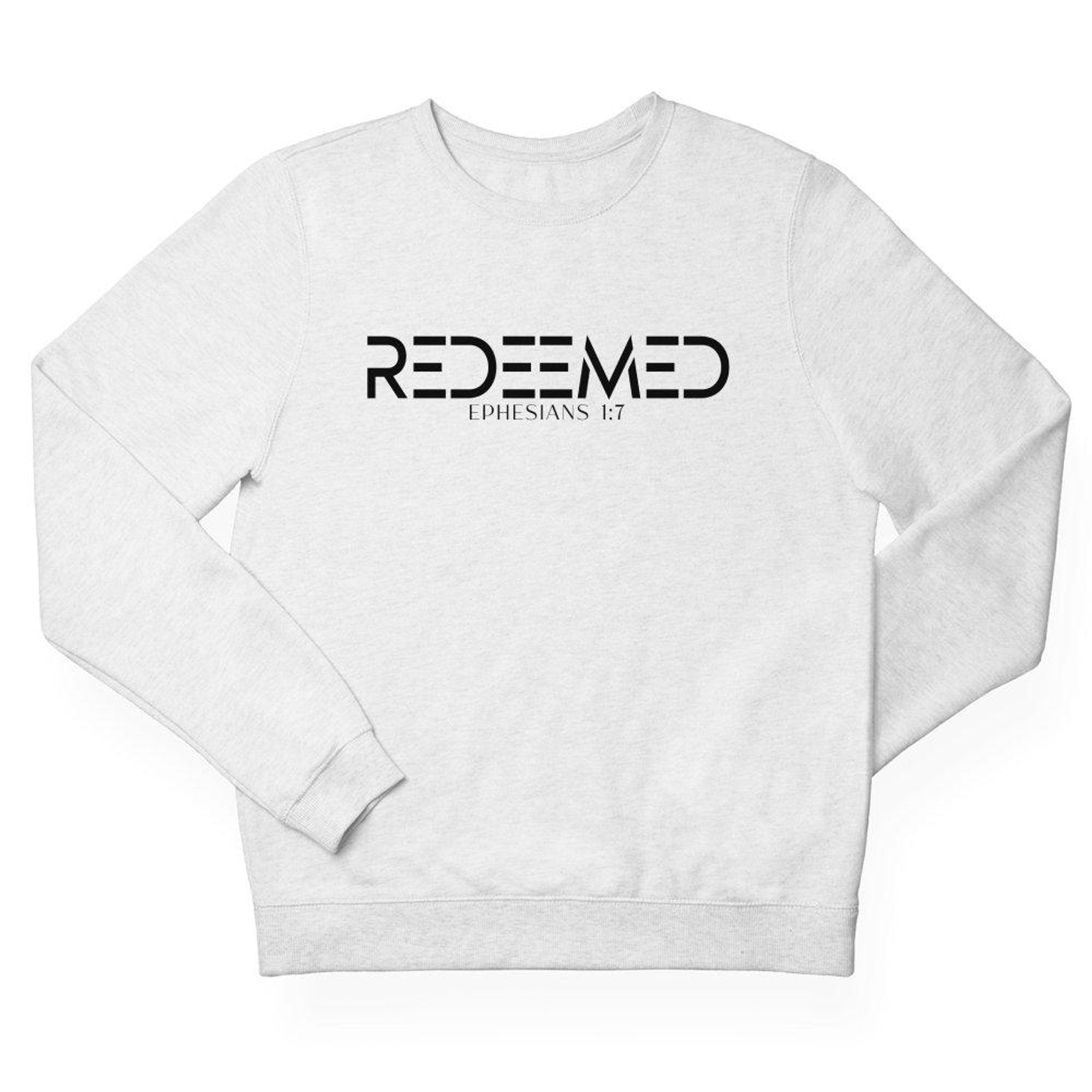 Redeemed Ephesians 1:7 Men's Fleece Unisex - Fit Sweatshirt - White - Jesus Passion Apparel