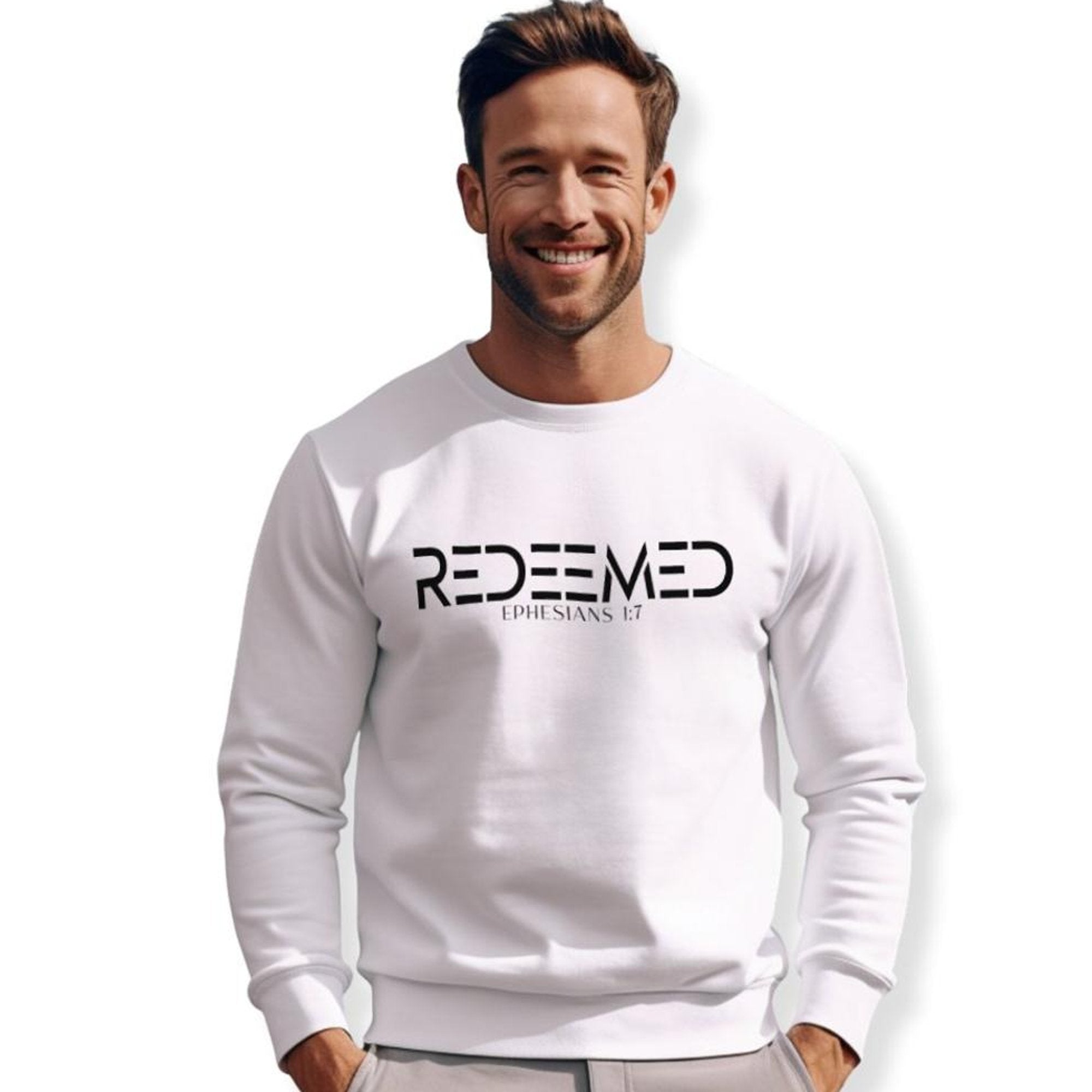 Redeemed Ephesians 1:7 Men's Fleece Unisex - Fit Sweatshirt - White - Jesus Passion Apparel