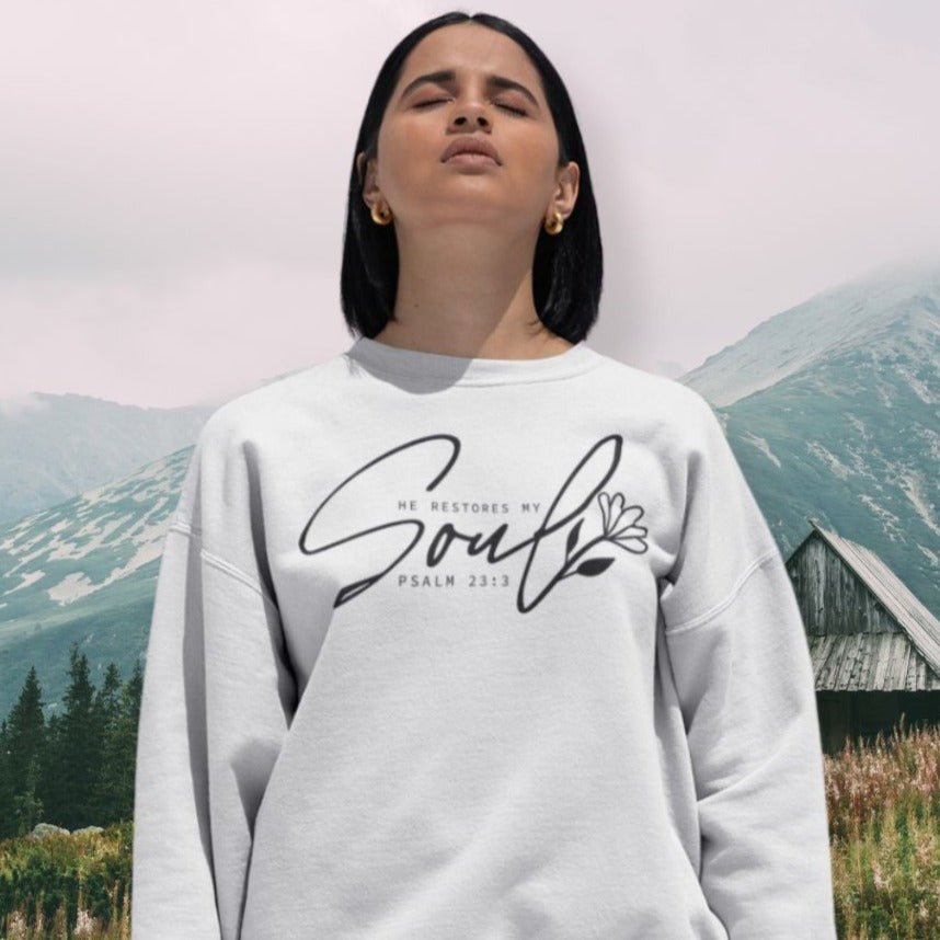 Restores My Soul Women's Fleece Unisex - Fit Sweatshirt White / Sport Grey - Jesus Passion Apparel