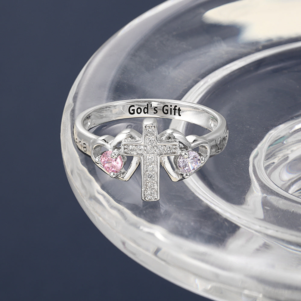 Birthstones Cross Ring Sterling Silver Gold Plated, Rose Gold Plated, White Gold Plated Size: 5 Color: White Gold Plated Jesus Passion Apparel