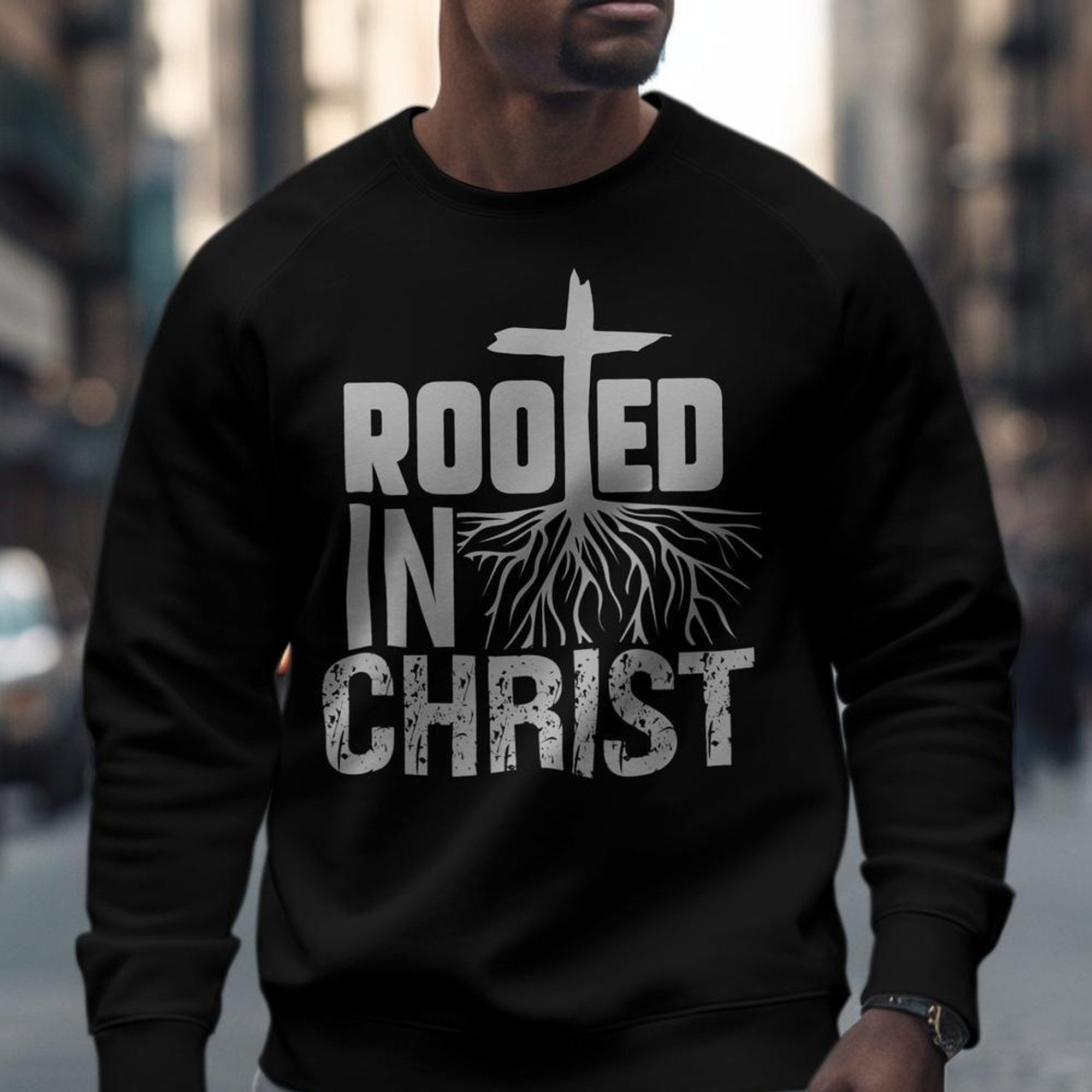 Rooted in Christ Men's Fleece Unisex - Fit Sweatshirt - Black - Jesus Passion Apparel