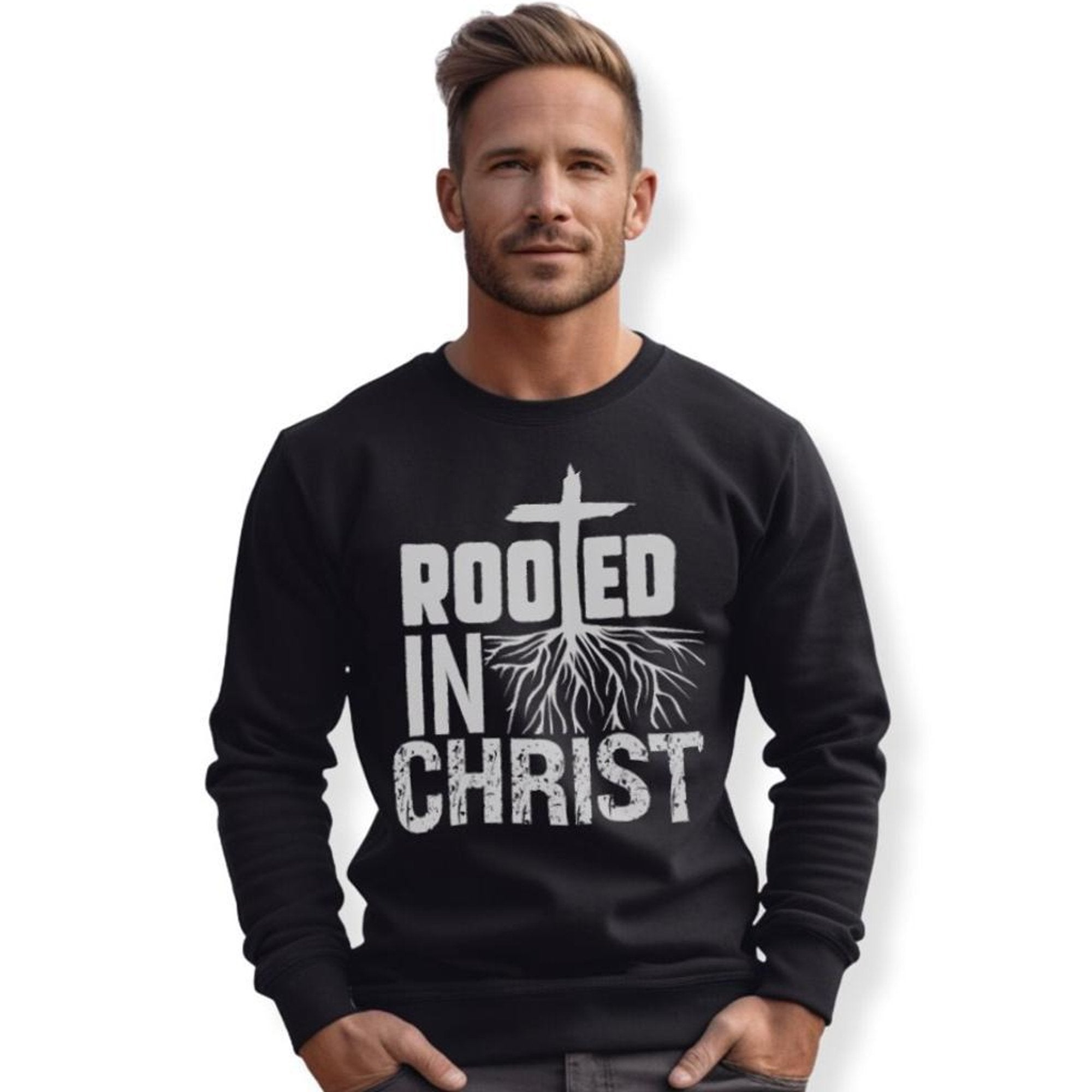 Rooted in Christ Men's Fleece Unisex - Fit Sweatshirt - Black - Jesus Passion Apparel