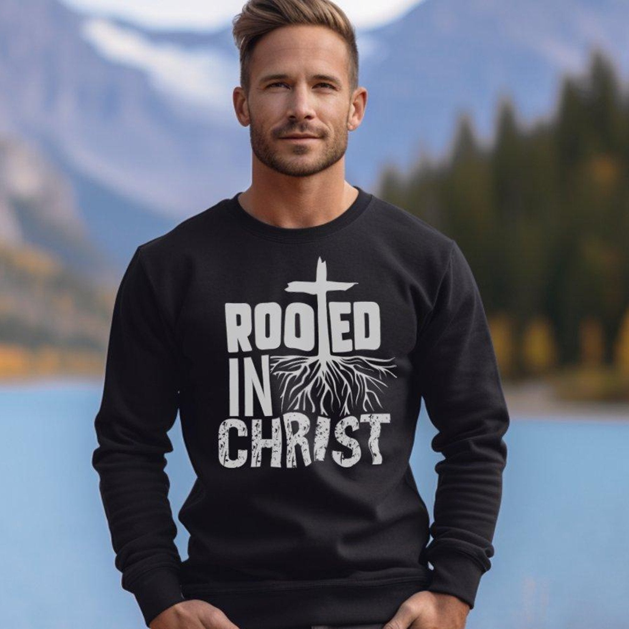 Rooted in Christ Men's Fleece Unisex - Fit Sweatshirt - Black - Jesus Passion Apparel