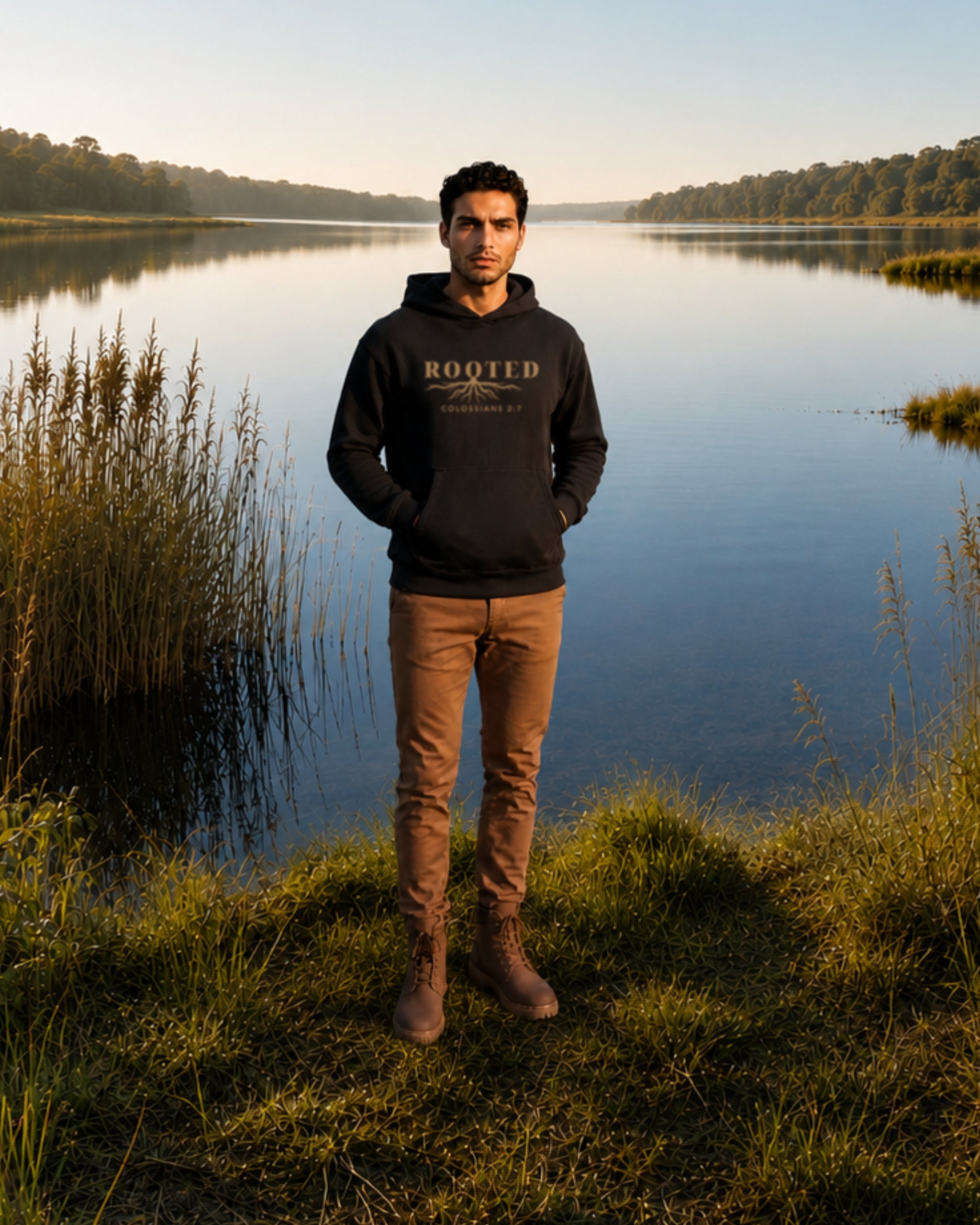 rooted black hoodie man standing by lake jpa 
