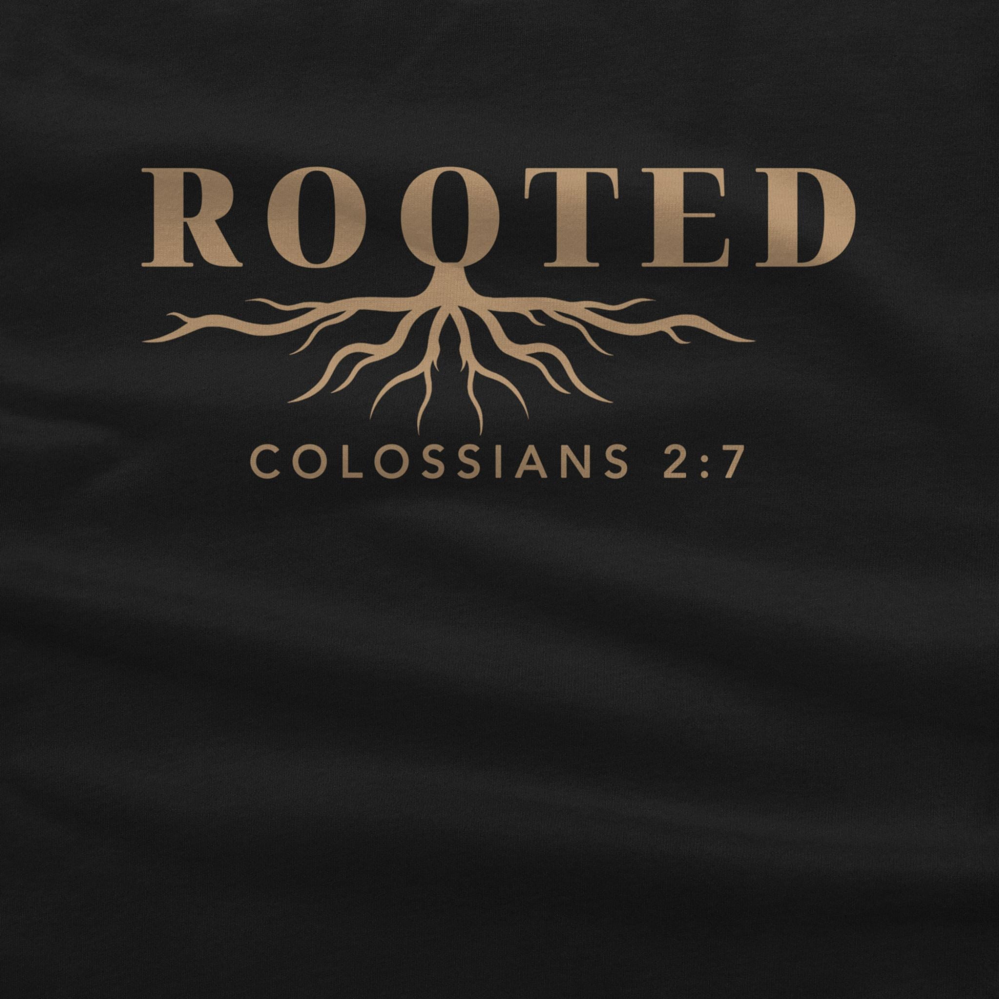 Black t-shirt with gold 'Rooted' text and root graphic, featuring Colossians 2:7 on a black background.
