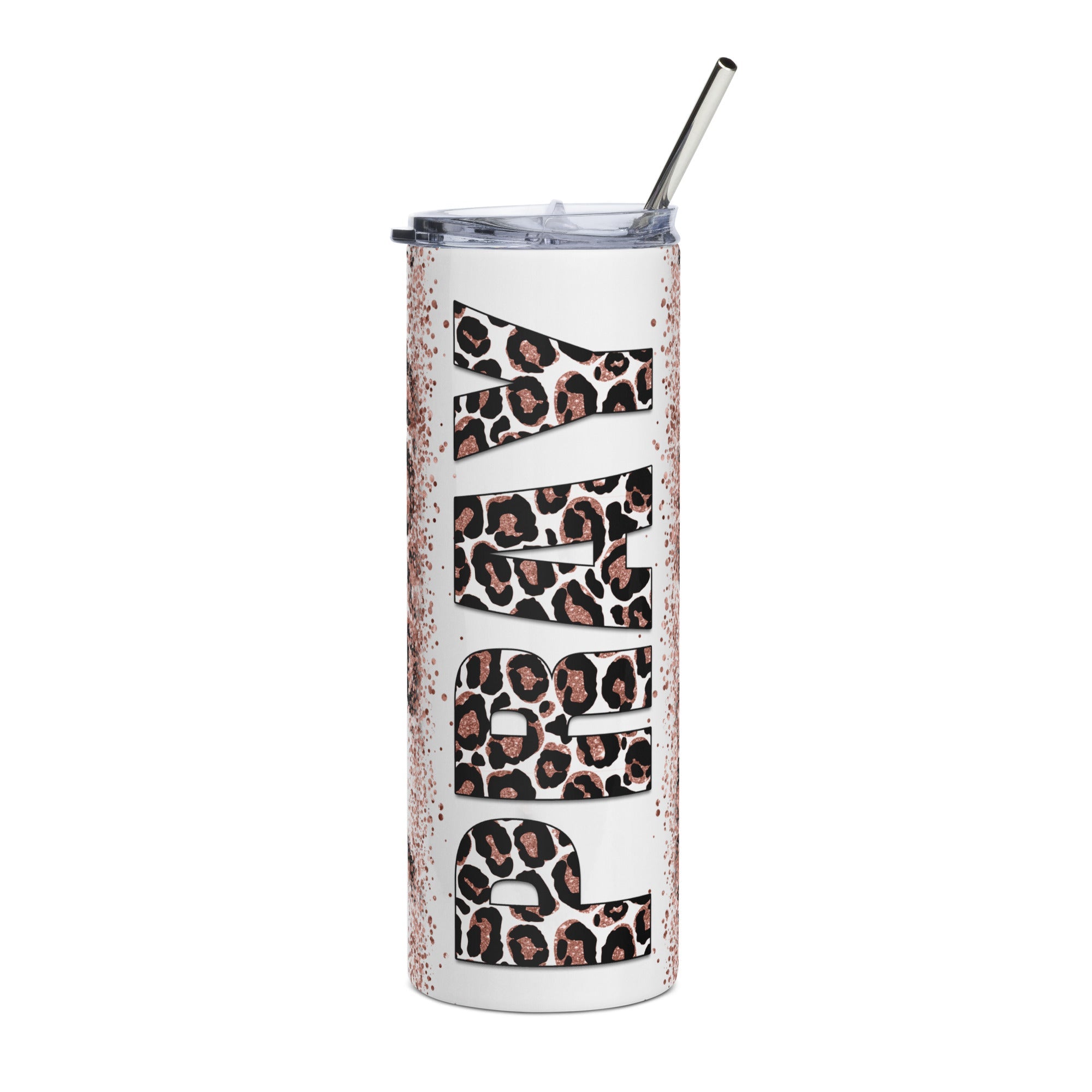 Rose Gold Pray Leopard Print Tumbler 20 oz - Stainless Steel Straw - Jesus Passion Apparel