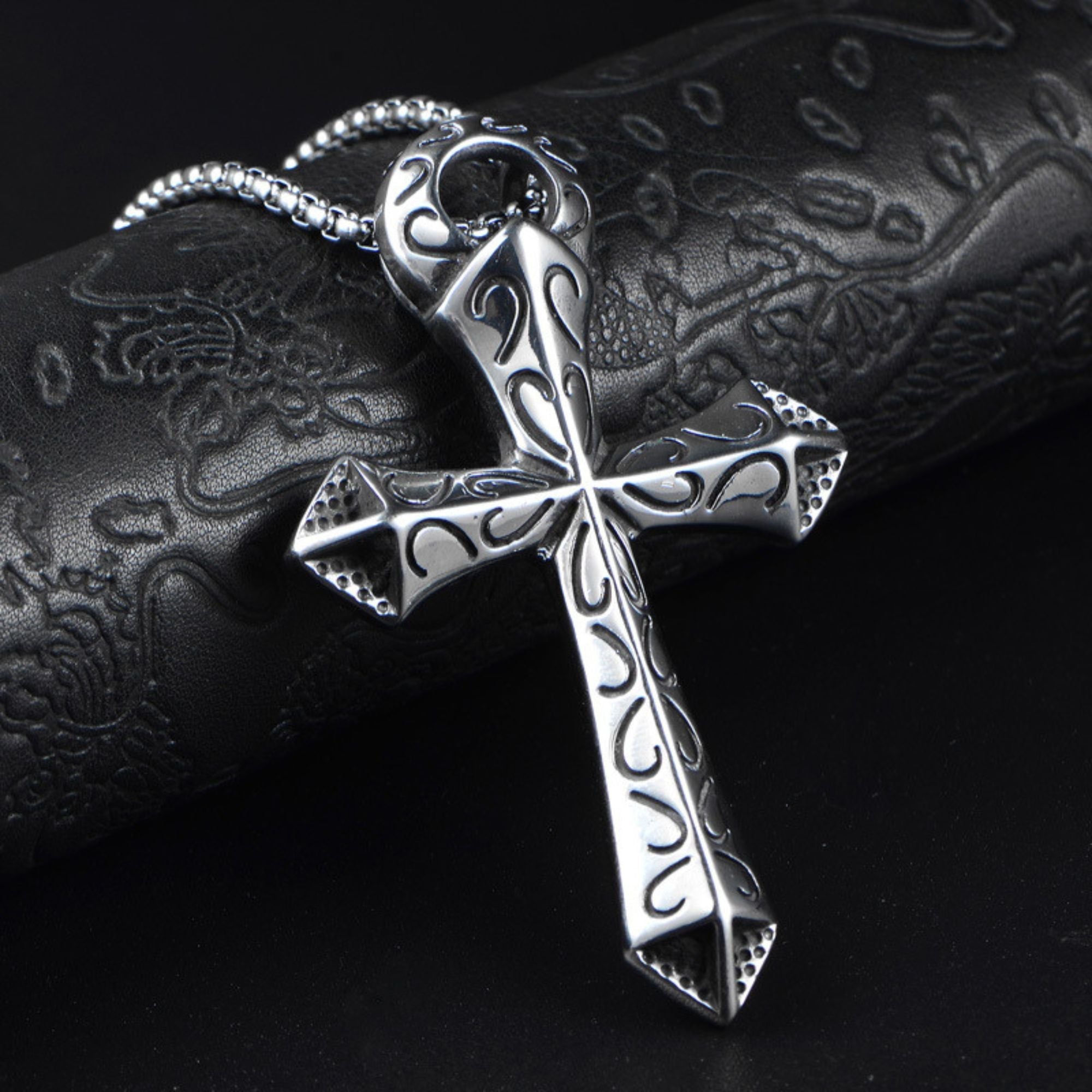 Rustic Cross Ornate Detail - Engraved Stainless Steel Necklace - Jesus Passion Apparel