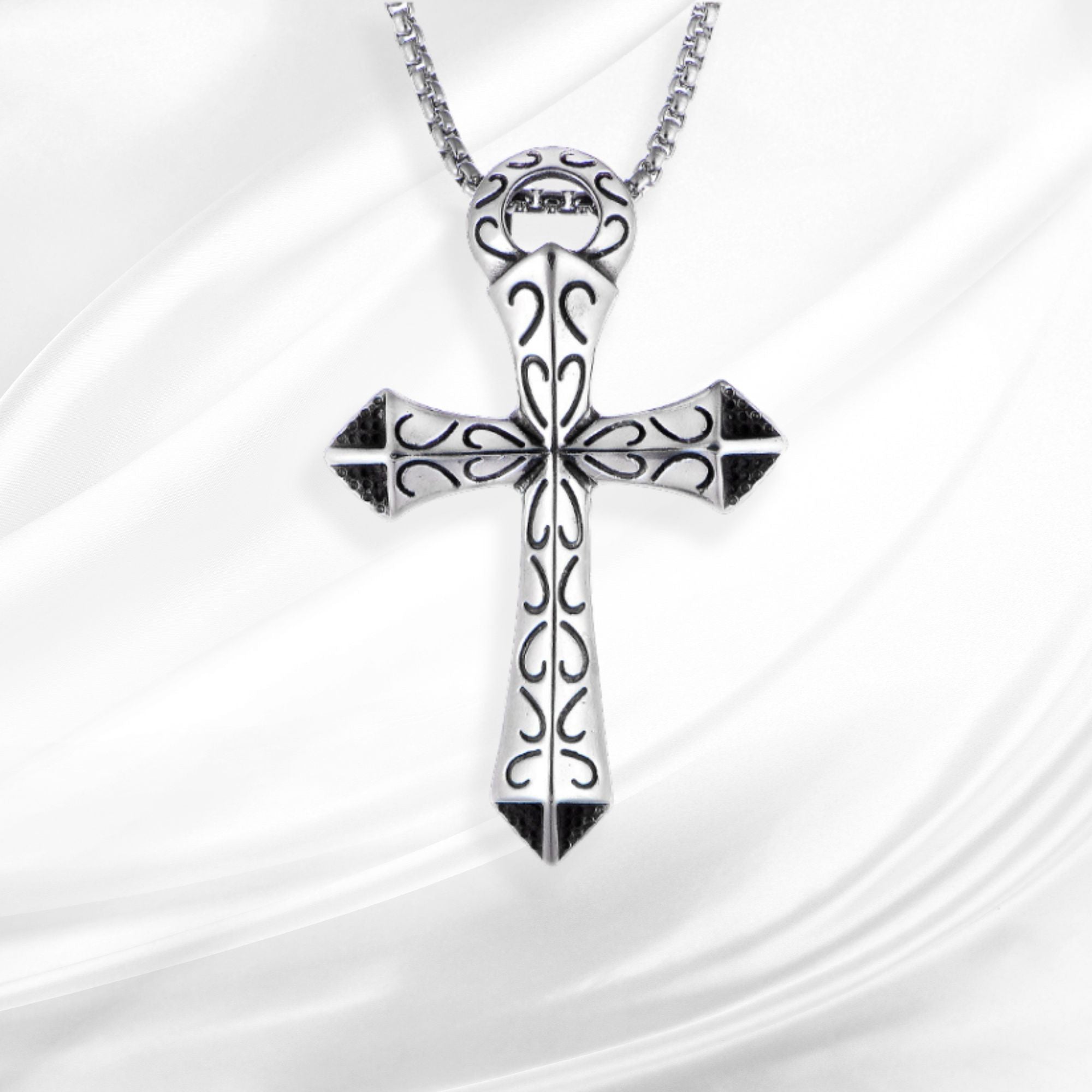 Rustic Cross Ornate Detail - Engraved Stainless Steel Necklace - Jesus Passion Apparel