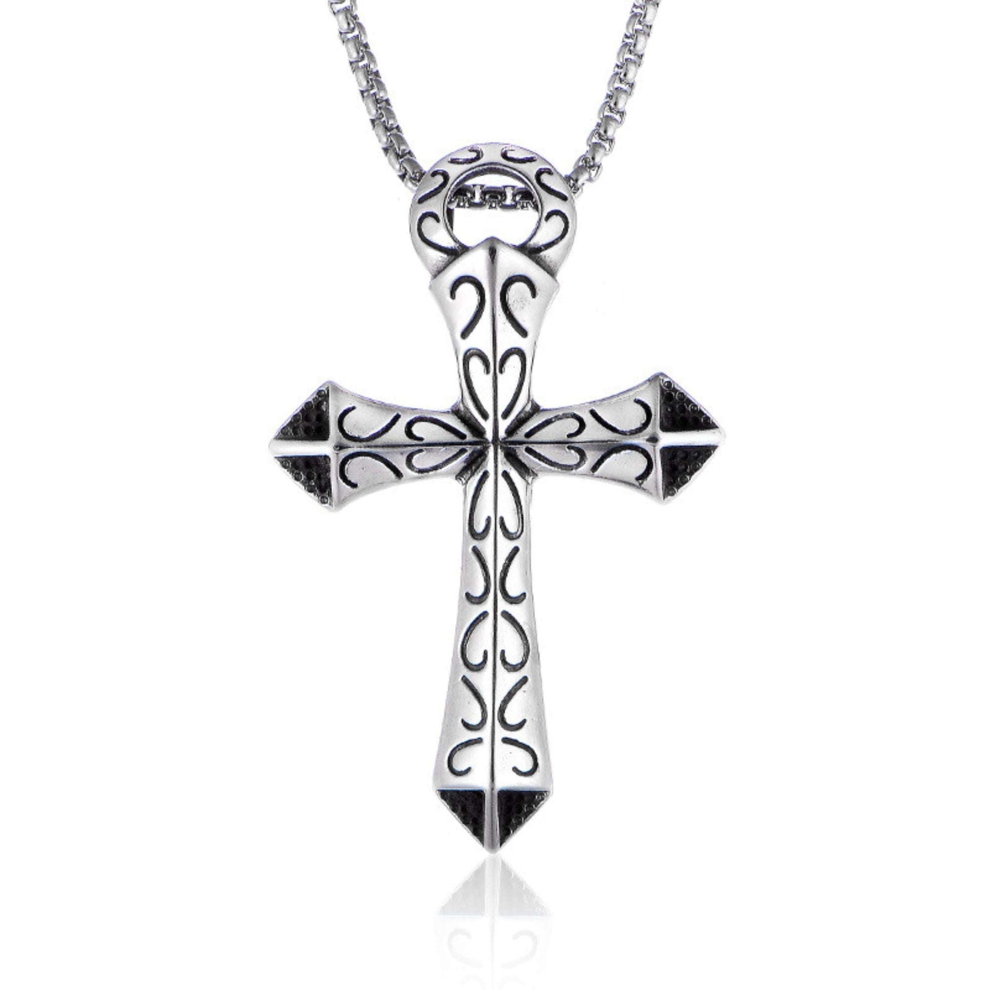 Rustic Cross Ornate Detail - Engraved Stainless Steel Necklace - Jesus Passion Apparel