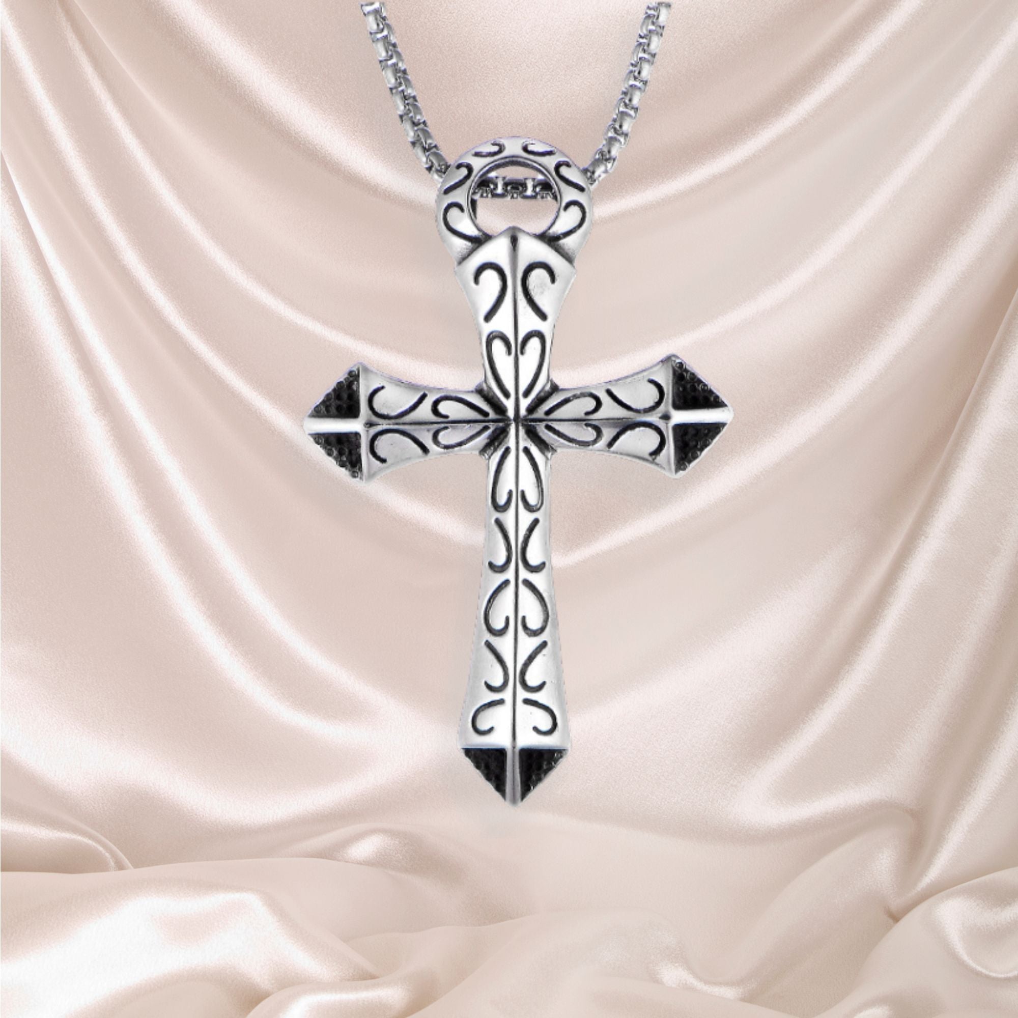 Rustic Cross Ornate Detail - Engraved Stainless Steel Necklace - Jesus Passion Apparel