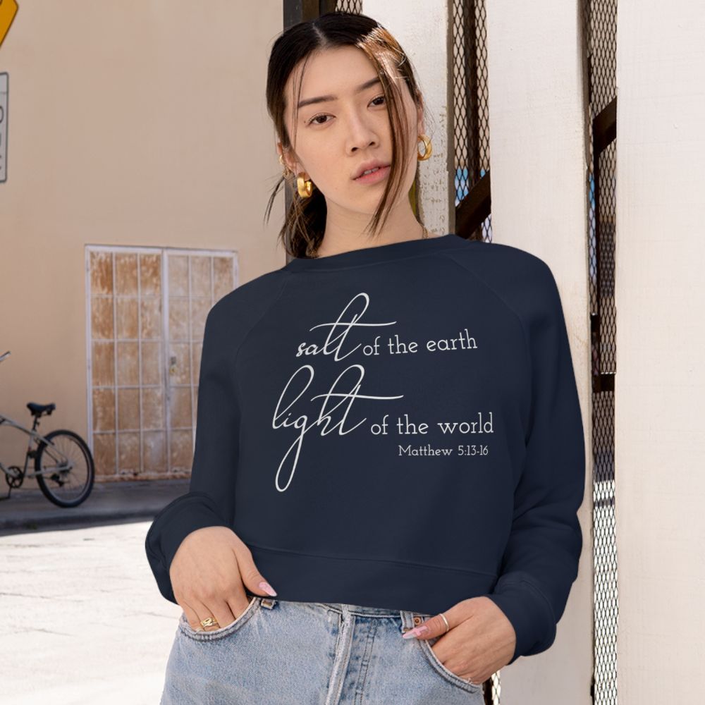 Salt and Light Women's Cropped Raglan Pullover Fleece Sweatshirt - Navy - Jesus Passion Apparel