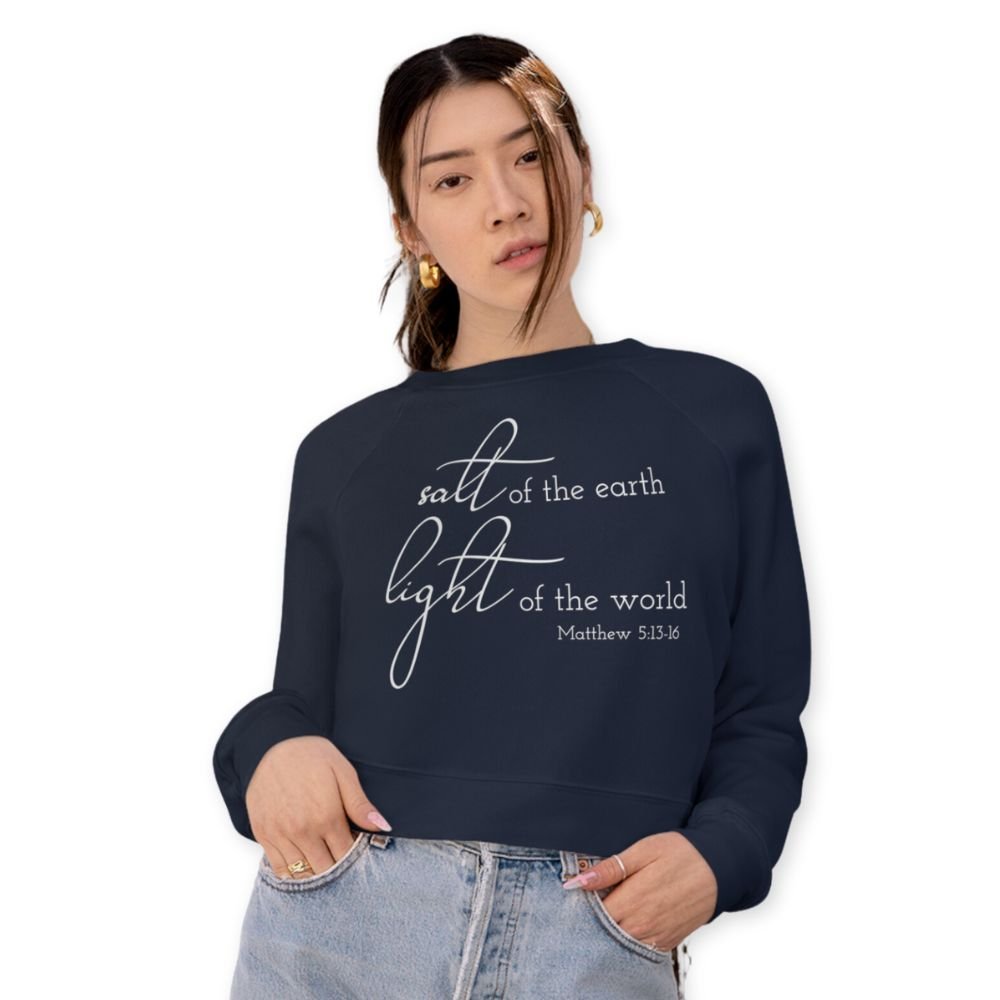 Salt and Light Women's Cropped Raglan Pullover Fleece Sweatshirt - Navy - Jesus Passion Apparel