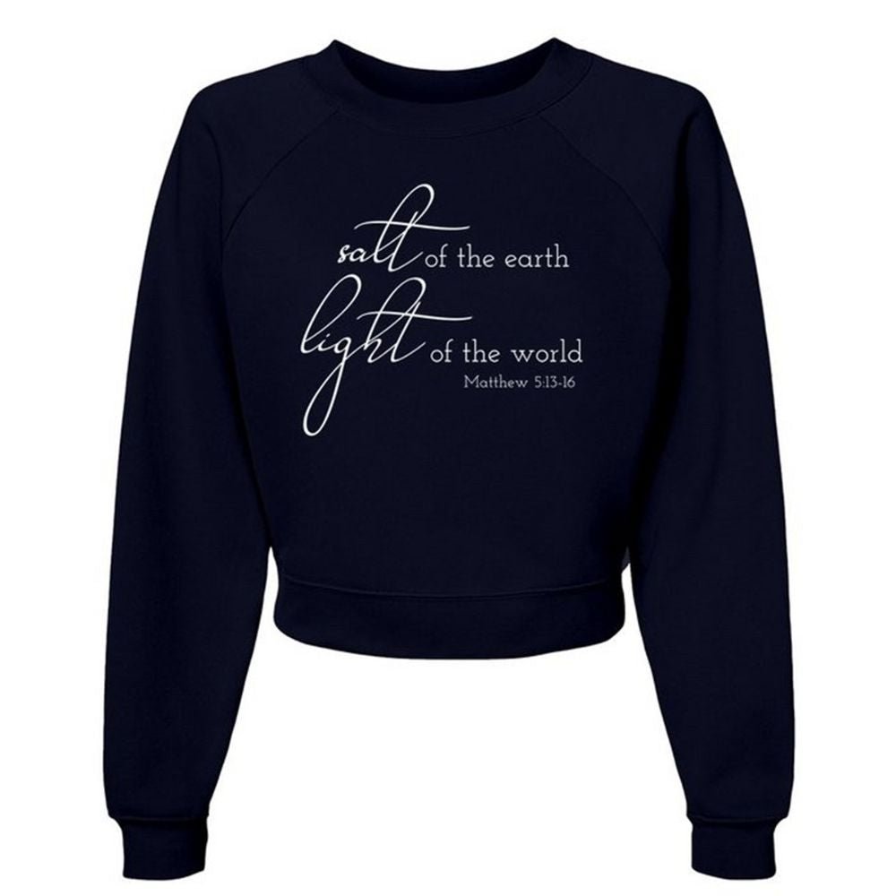 Salt and Light Women's Cropped Raglan Pullover Fleece Sweatshirt - Navy - Jesus Passion Apparel