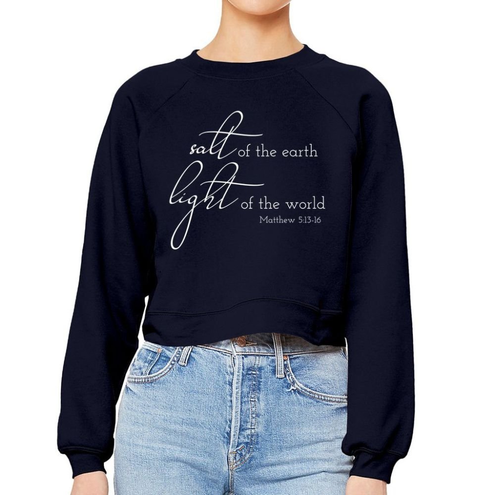 Salt and Light Women's Cropped Raglan Pullover Fleece Sweatshirt - Navy - Jesus Passion Apparel