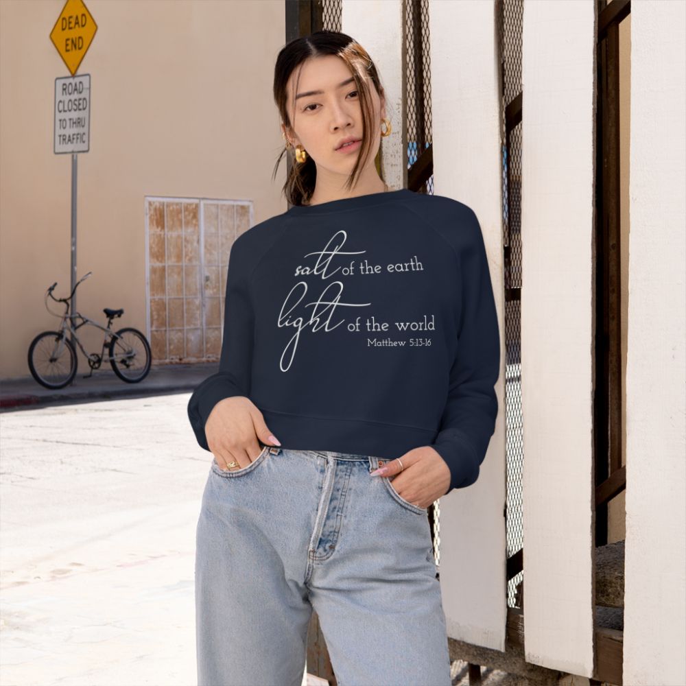 Salt and Light Women's Cropped Raglan Pullover Fleece Sweatshirt - Navy - Jesus Passion Apparel