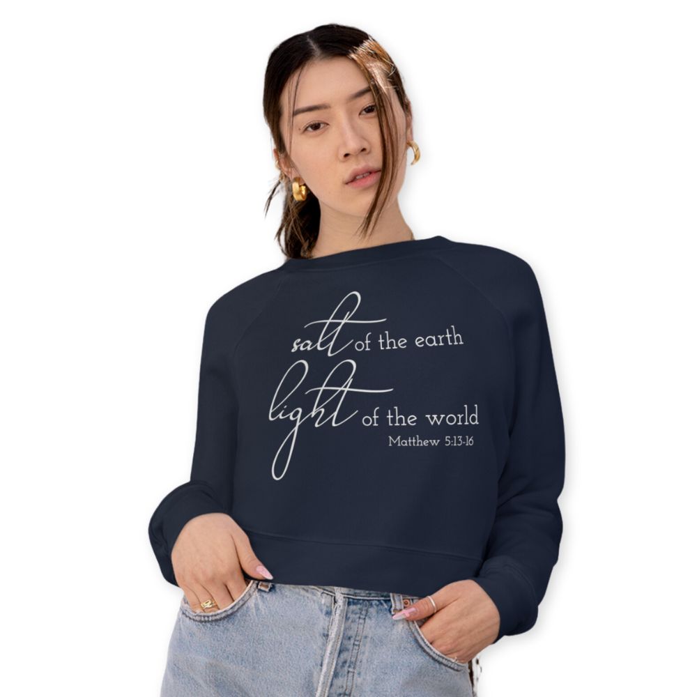 Salt and Light Women's Cropped Raglan Pullover Fleece Sweatshirt - Navy Size: S Color: Navy Jesus Passion Apparel