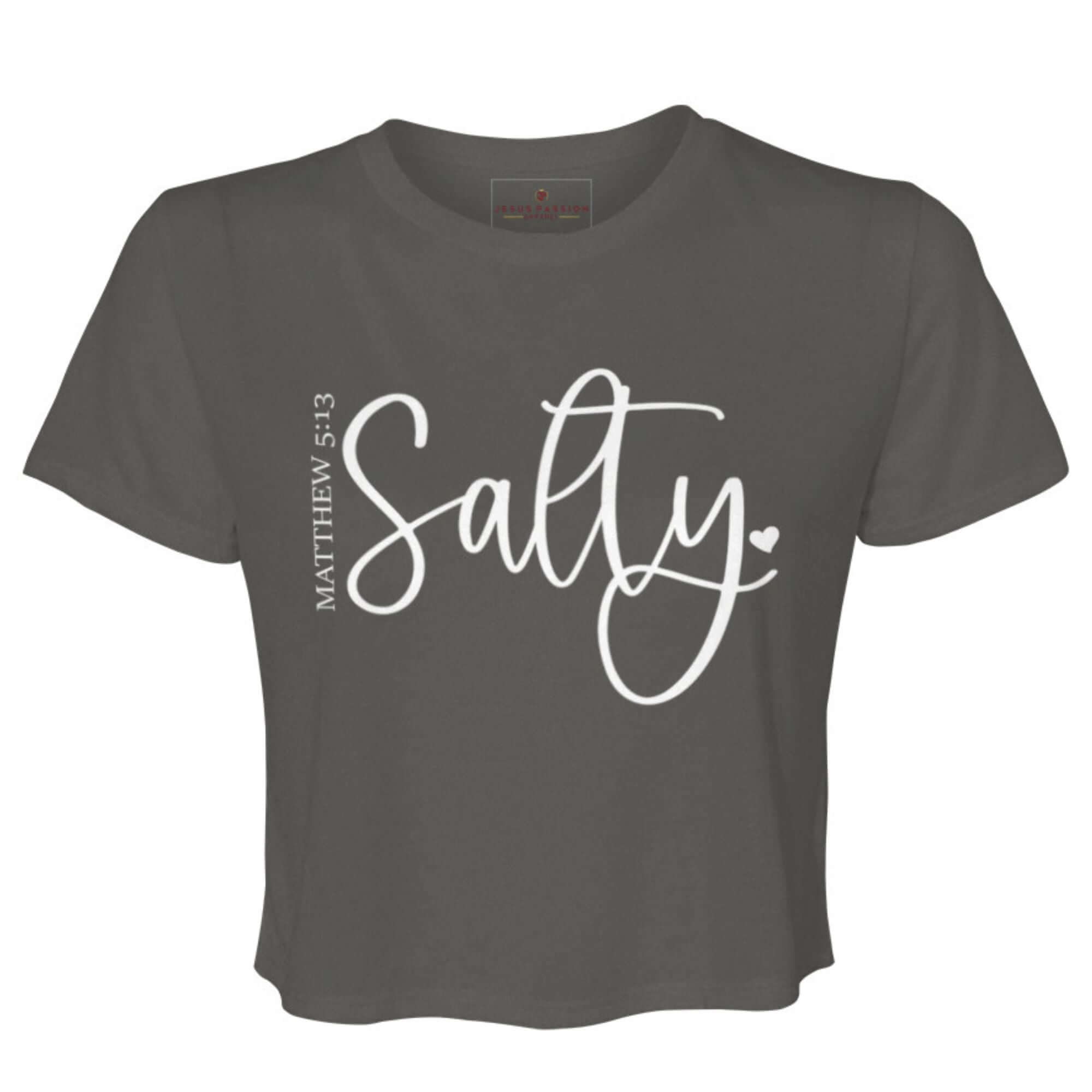 T-Shirts & TopsEmbrace your faith with this chic and minimalist "Salty" Women’s Flowy Cropped Tee featuring a beautifully scripted reference to Matthew 5:13. Perfect for casual days out or as a conversation starter, this T-shirt not only looks good but al