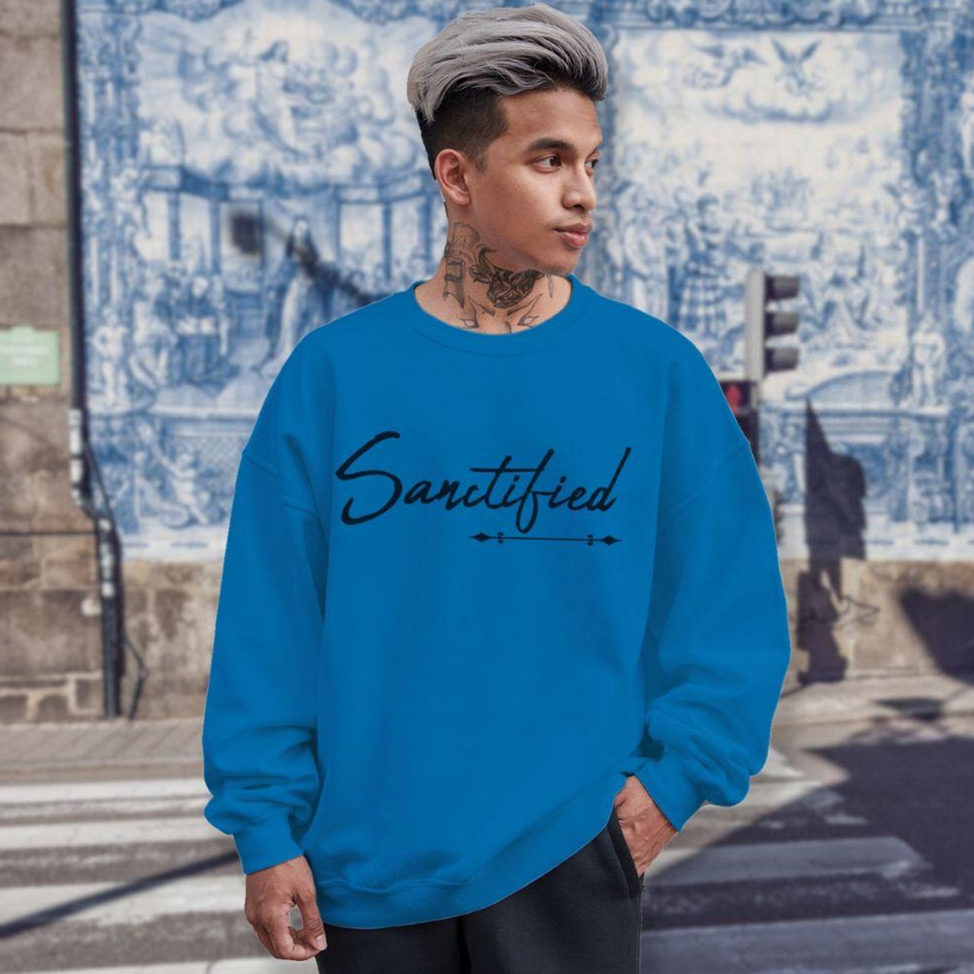 Sanctified Men's Fleece Unisex - Fit Sweatshirt - Sapphire (Royal Blue) - Jesus Passion Apparel