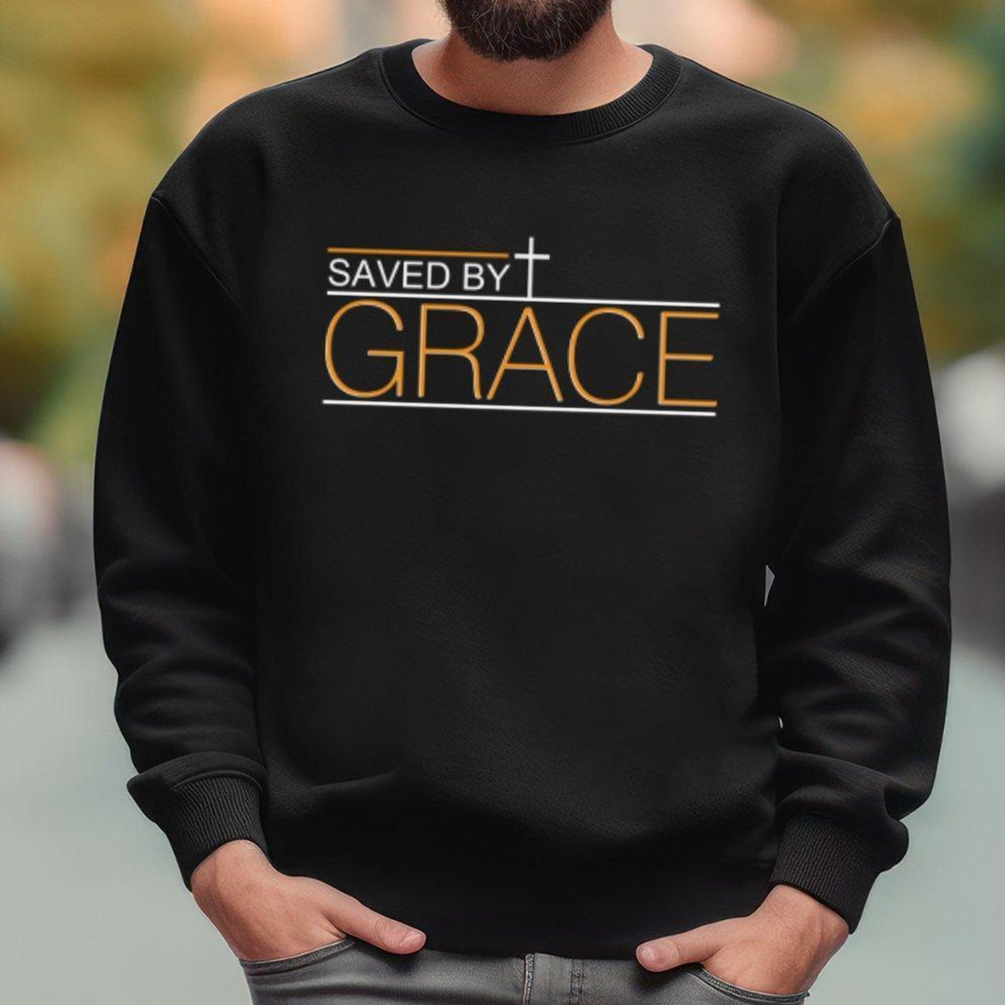 Saved by Grace Men's Fleece Unisex - Fit Sweatshirt - Black - Jesus Passion Apparel