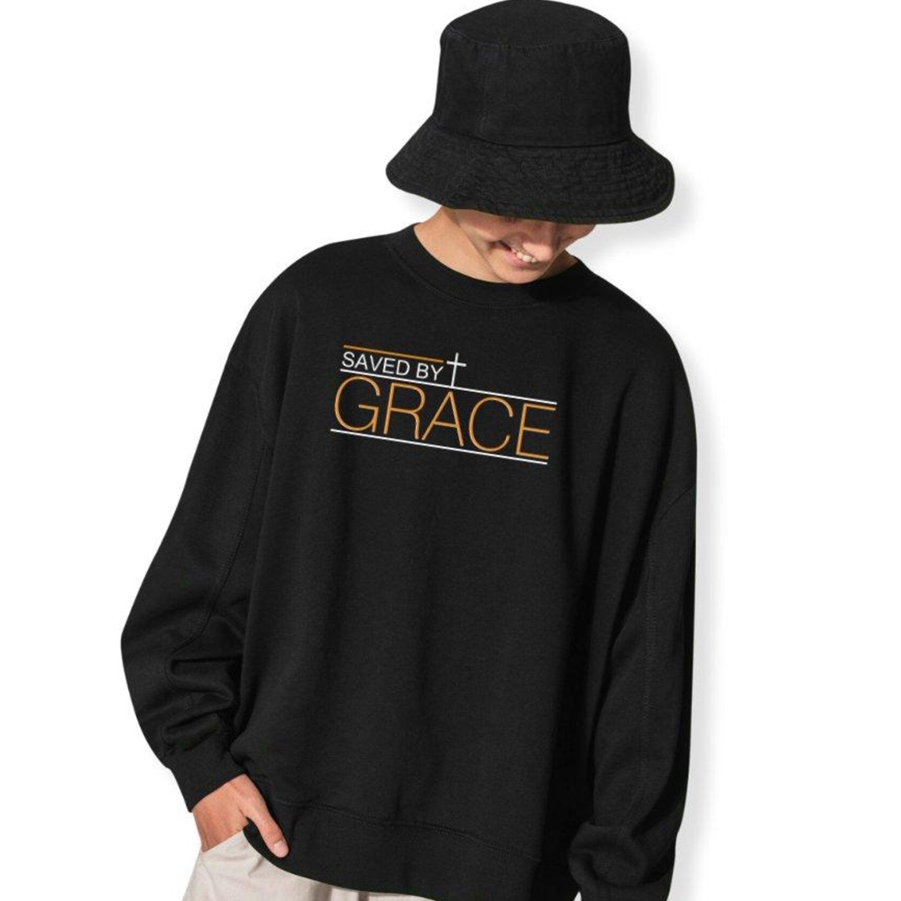 Saved by Grace Men's Fleece Unisex - Fit Sweatshirt - Black - Jesus Passion Apparel