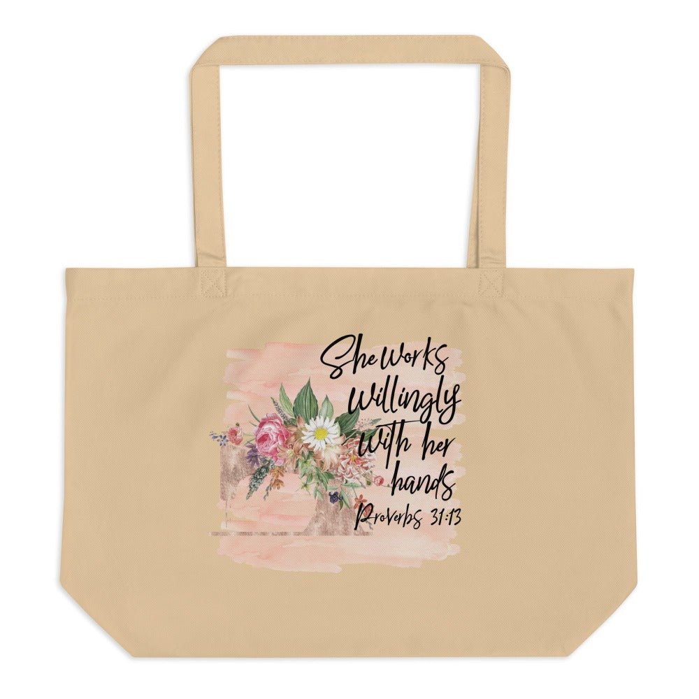 Seamstress - She Works Willingly Relaxed T-Shirt - Matching Tote Available - Jesus Passion Apparel