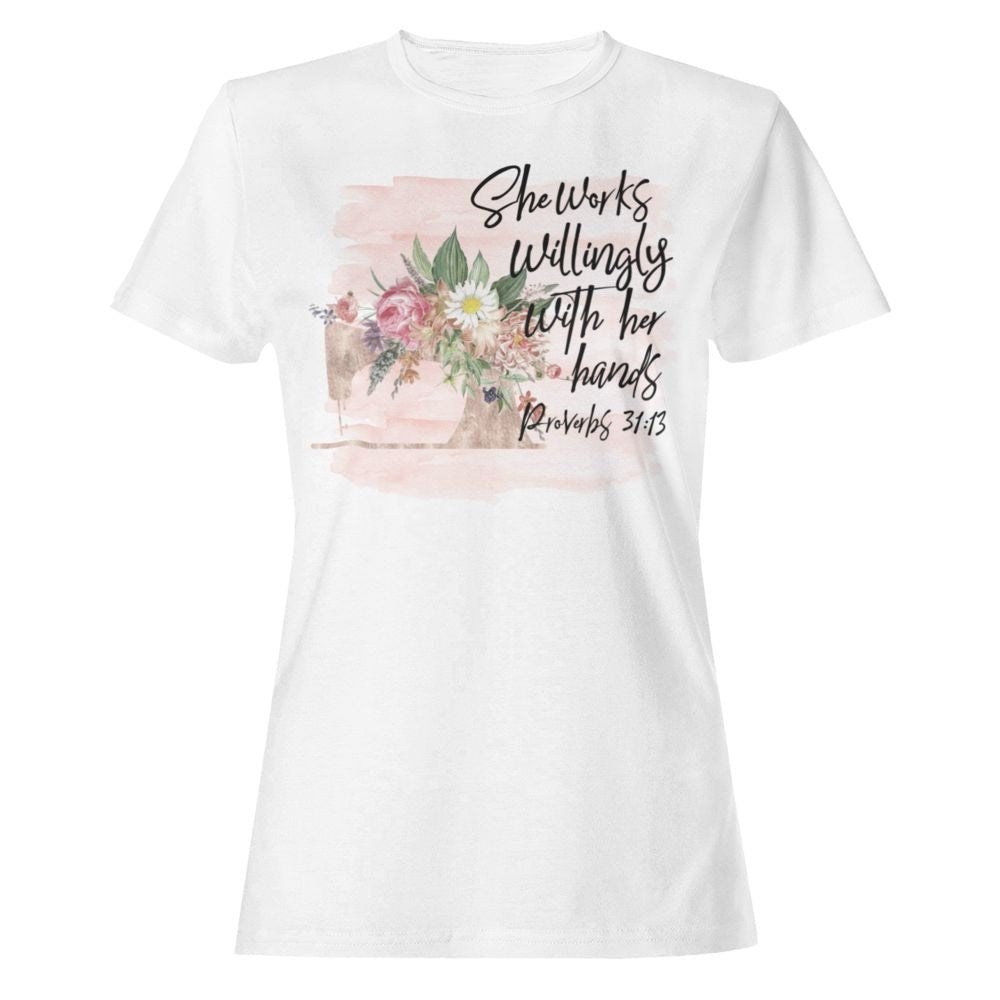 Seamstress - She Works Willingly Relaxed T-Shirt - Matching Tote Available - Jesus Passion Apparel