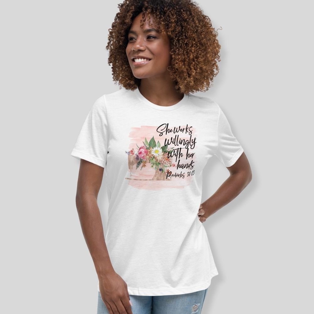 Seamstress - She Works Willingly Relaxed T-Shirt - Matching Tote Available - Jesus Passion Apparel