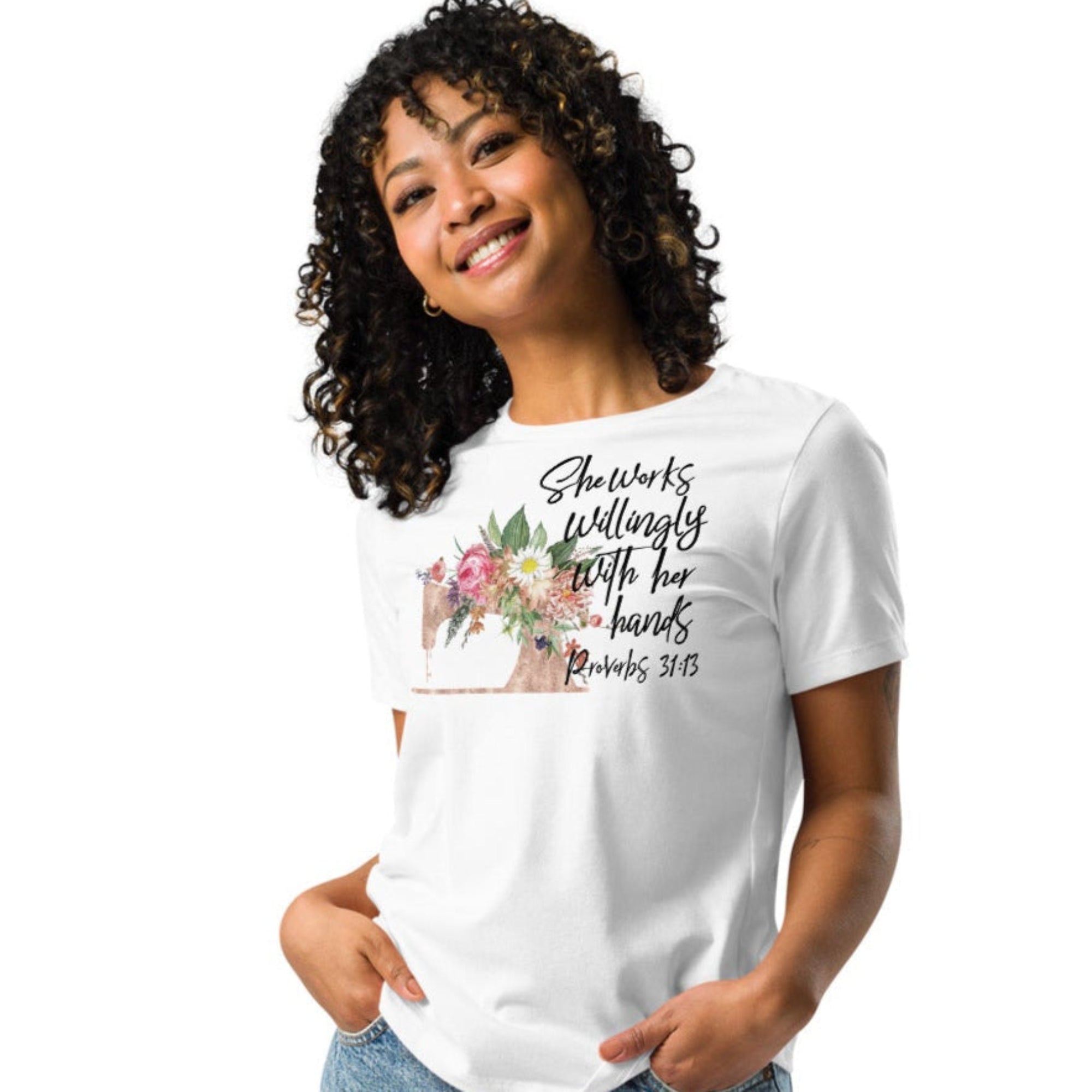 seamstress womens-relaxed-t-shirt-white-front Jesus Passion Apparel