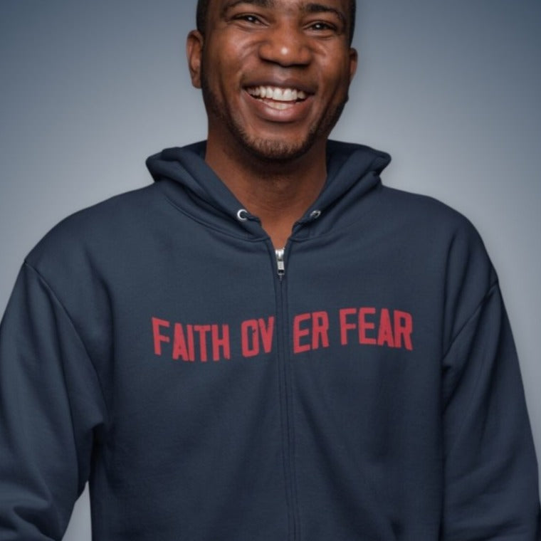 Faith Over Fear Patriotic Retro-Inspired Premium Men's Hooded Jacket Heavy Blend™ Color: Navy Size: M Jesus Passion Apparel