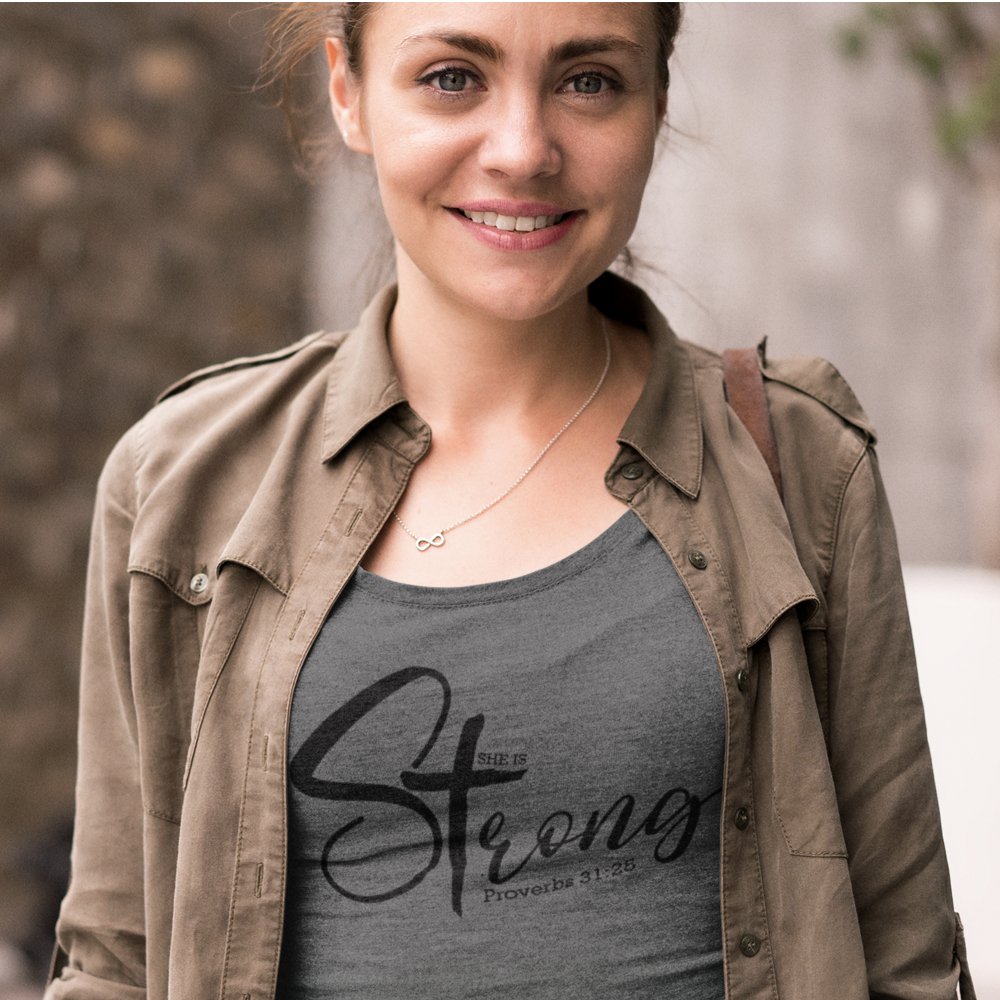 She is Strong Proverbs 31:25 Relaxed - Fit Scoop Neck T-Shirt - Jesus Passion Apparel