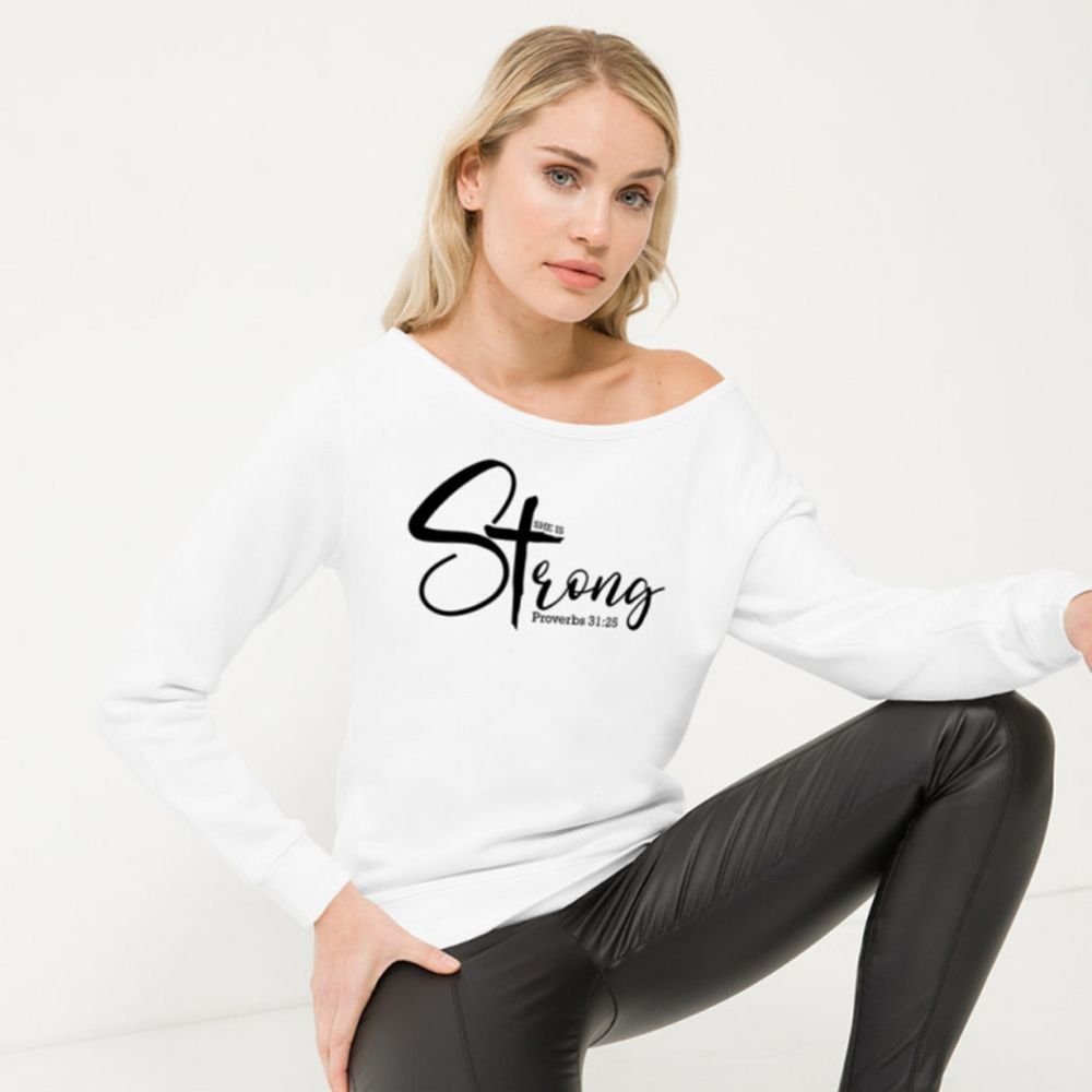 She is Strong Women's Off The Shoulder Tops Sweatshirt - Jesus Passion Apparel